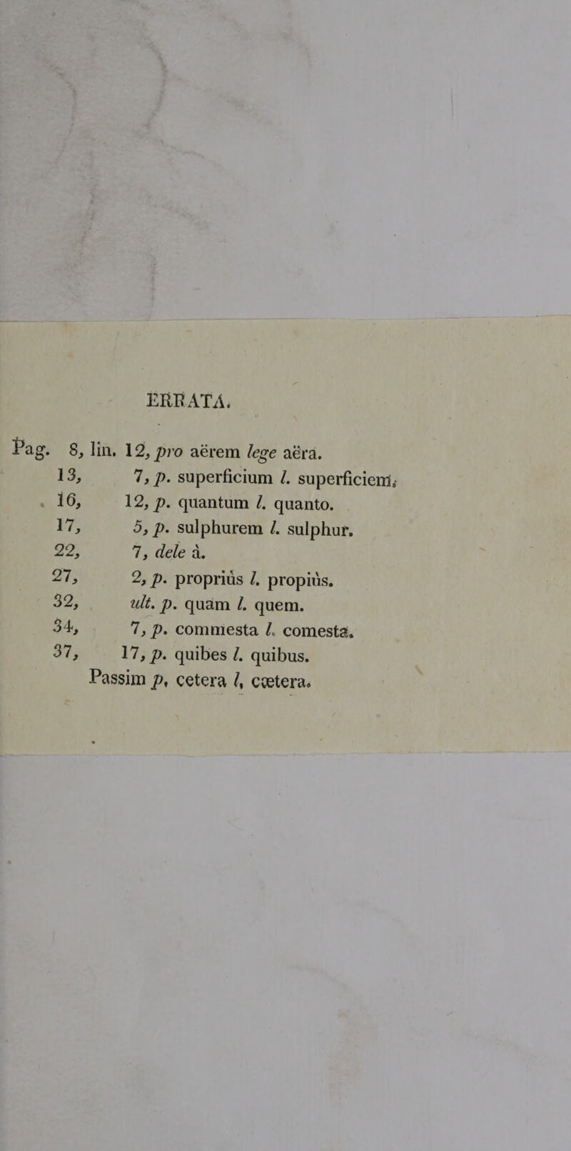 ERRATA. £*ag. 8, lin, 12, pro aerem lege aera. 13, 7, p. superficium /. superficiem. 16, 12, p. quantum /. quanto. 17, 5, p. sulphurem l. sulphur. 22, 7, rfc/e a. 27, 2, p. proprius /. propius. 32, ult. p. quam /. quem. 34, 7, p. conmiesta L comesta. 37, 17, p. quibes /. quibus. Passim p, cetera /, ctetera.