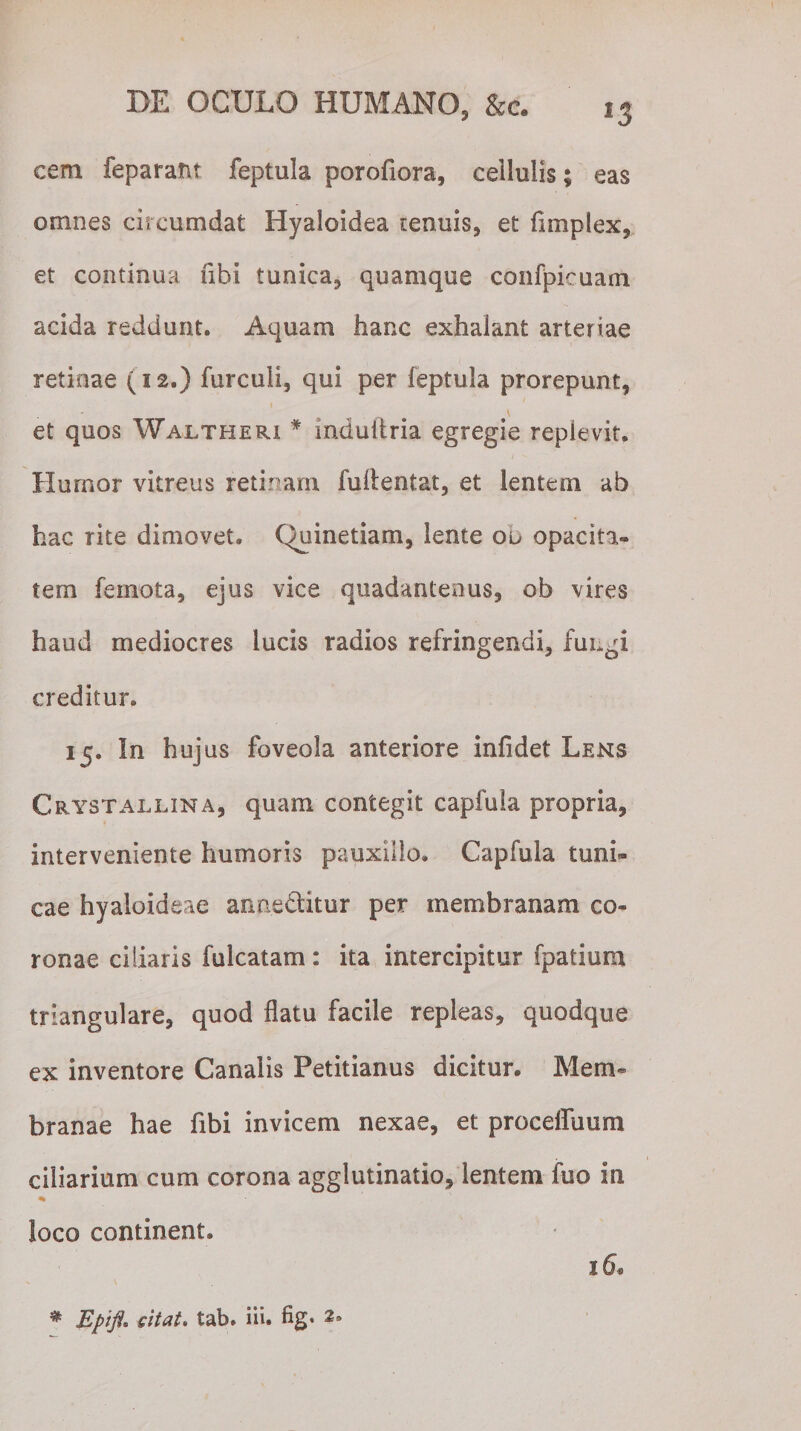 cem feparant feptula porofiora, cellulis; eas omnes circumdat Hyaloidea tenuis, et fimplex, et continua ubi tunica, quamque confpicuam acida reddunt. Aquam hanc exhalant arteriae retinae (12.) furculi, qui per feptula prorepunt, et quos Walt heri * induiiria egregie replevit. Humor vitreus retinam fuflentat, et lentem ab hac rite dimovet. Quinetiam, lente 00 opacita¬ tem femota, ejus vice quadantenus, ob vires haud mediocres lucis radios refringendi, fungi creditur. 15. In hujus foveola anteriore infidet Lens Crystallina, quam contegit capfula propria, interveniente humoris pauxillo. Capfula tuni¬ cae hyaloideae annectitur per membranam co¬ ronae ciliaris fulcatam: ita intercipitur fpatium triangulare, quod flatu facile repleas, quodque ex inventore Canalis Petitianus dicitur. Mem¬ branae hae fibi invicem nexae, et procefluum ciliarium cum corona agglutinatio, lentem fuo in loco continent. 16. * Epific citat, tab. iiu fig. 2»