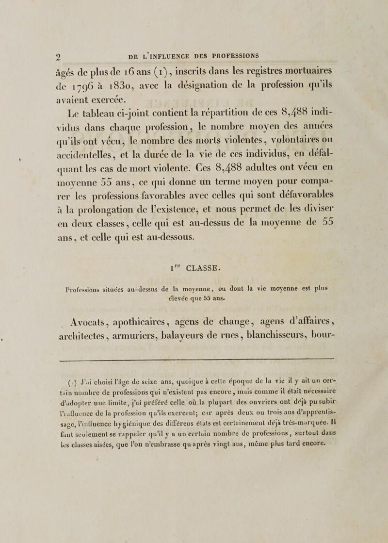 âgés de plus de 16 ans (i), inscrits dans les registres mortuaires de 1796 à i83o, avec la désignation de la profession qu’ils avaient exercée. Le tableau ci-joint contient la répartition de ces 8,488 indi¬ vidus dans chaque profession, le nombre moyen des années qu’ils ont vécu, le nombre des morts violentes, volontaires ou accidentelles, et la durée de la vie de ces individus, en défal¬ quant les cas de mort violente. Ces 8,488 adultes ont vécu en moyenne 55 ans, ce qui donne un terme moyen pour compa¬ rer les professions favorables avec celles qui sont défavorables à la prolongation de l’existence, et nous permet de les diviser en deux classes, celle qui est au-dessus de la moyenne de 55 ans, et celle qui est au-dessous. Ire CLASSE. Professions situées au-dessus de la moyenne, ou dont la vie moyenne est plus élevée que 55 ans. Avocats, apothicaires, agens de change, agens d’affaires, architectes, armuriers, balayeurs de rues, blanchisseurs, bour- ( ) J'ai choisi Page de seize ans, quoique à celle époque de la vie il y ait un cer¬ tain nombre de professions qui n’existent pas encore , mais comme il était nécessaire d’adopter une limite, j’ai préféré celle où la plupart des ouvriers ont déjà pu subir l’influence de la profession qu’ils exercent; car après deux ou trois ans d’apprentis¬ sage, l’influence hygiénique des différais états est certainement déjà très-marquée. Il faut seulement se rappeler qu’il y a un certain nombre de professions, surtout dans les classes aisées, que l’on n’embrasse qu après vingt ans, même plus tard encore.