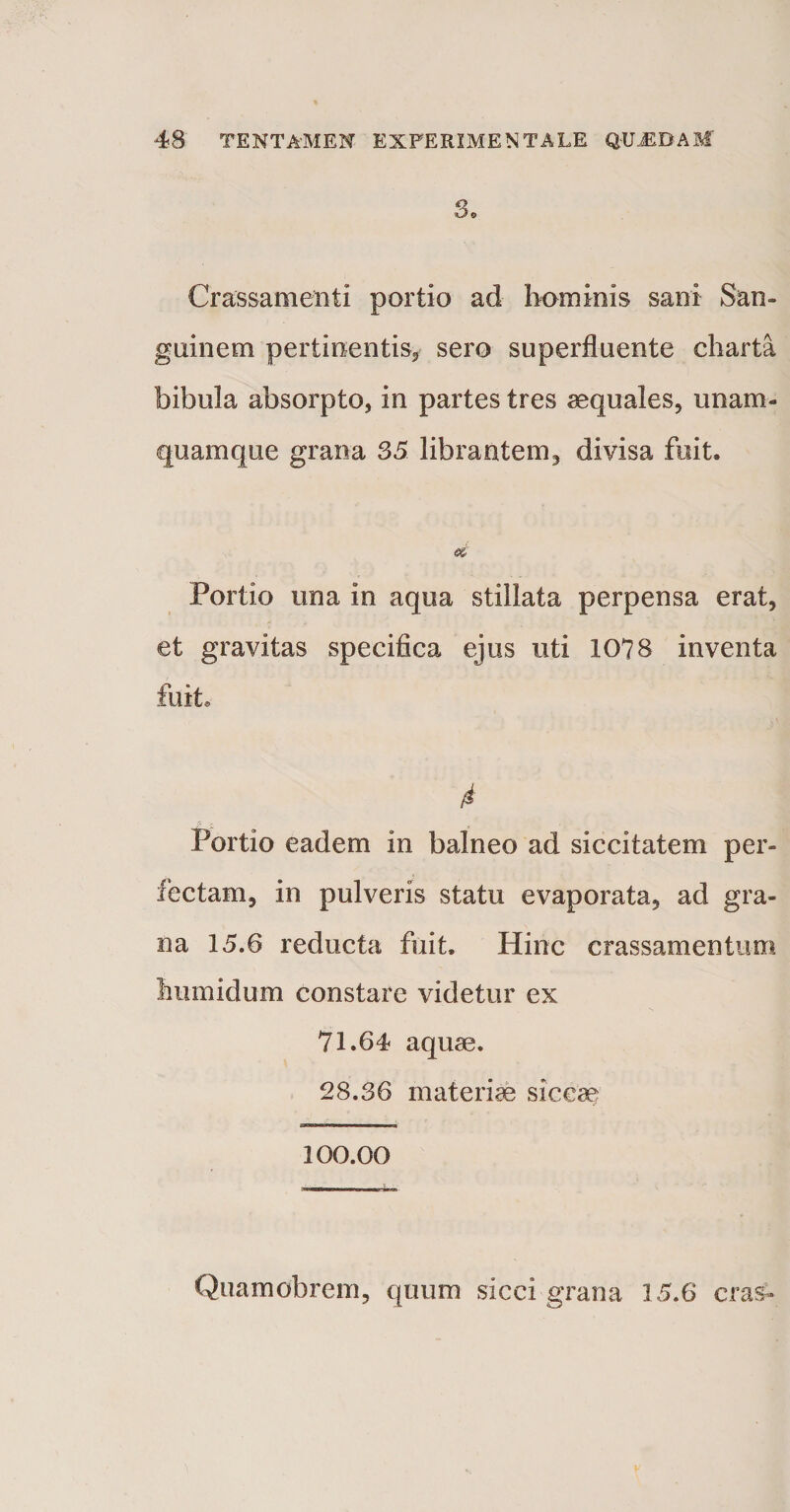 3o Crassamenti portio ad hominis sani San¬ guinem pertinentis* sero superfluente charta bibula absorpto, in partes tres aequales, unam¬ quamque grana 35 librantem, divisa fuit. d Portio una in aqua stillata perpensa erat, et gravitas specifica ejus uti 1078 inventa fuit. Portio eadem in balneo ad siccitatem per¬ fectam, in pulveris statu evaporata, ad gra¬ na 15.6 reducta fuit. Hinc crassamentum liumidum constare videtur ex 71.64 aquae. 28.36 materiae siccae 100.00 Quamobrem, quum sicci grana 15.6 cras-