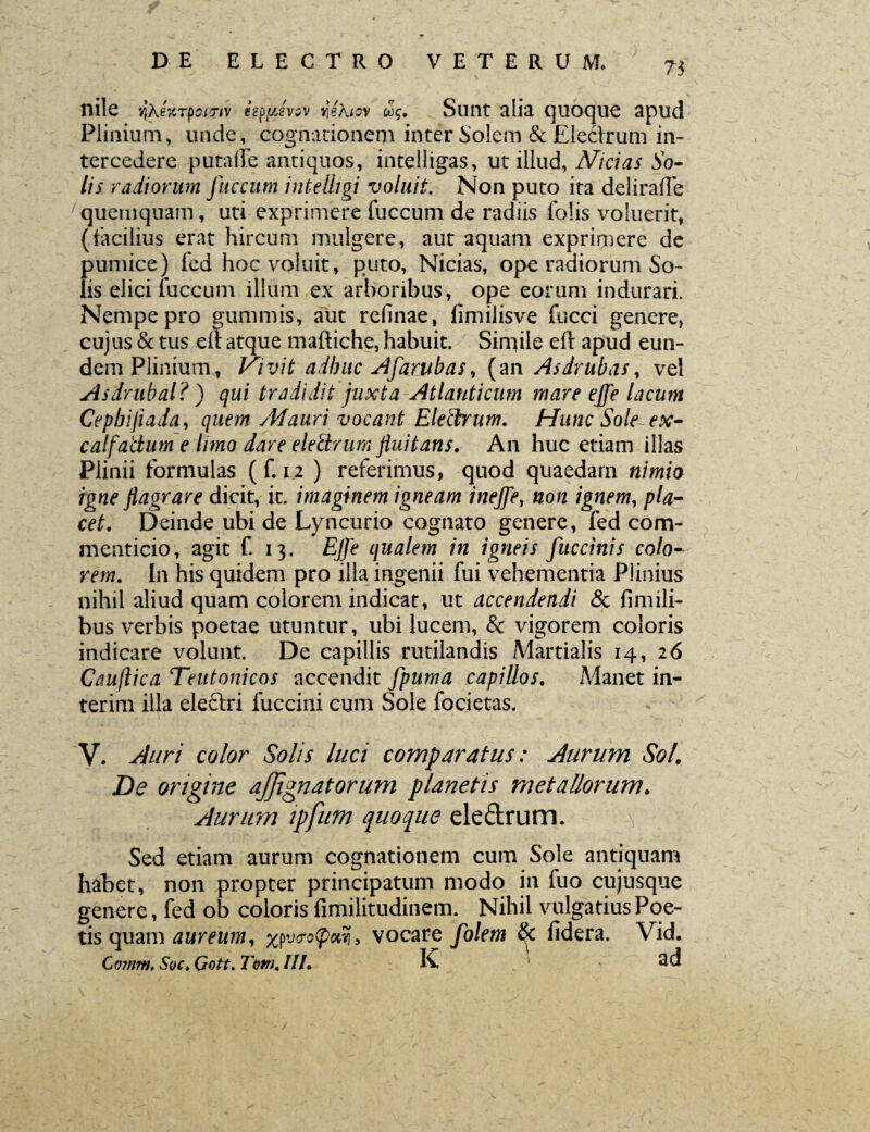 nile jjAeytTfoiftv csppevsv yehiov cog. Sunt alia quoque apud Plinium, unde, cognationem inter Solem & Eledlrum in¬ tercedere putalfe antiquos, intelligas, ut illud, Nicias So¬ lis radiorum fuccum intelligi voluit. Non puto ita delirafle /quemquam, uti exprimere fuccum de radiis Polis voluerit, (facilius erat hircum mulgere, aut aquam exprimere de pumice) fed hoc voluit, puto, Nicias, ope radiorum So¬ lis elici fuccum illum ex arboribus, ope eorum indurari. Nempe pro gummis, aut refinae, limilisve fucci genere, cujus & tus elt atque maftiche, habuit. Simile eft apud eun¬ dem Plinium,, Vivit adhuc Afarubas, (an Asdrubas, vel Asdrubal?) qui tradidit juxta Atlanticum mare ejfe lacunt Cepbijiada, quem Mauri vocant Electrum. Hunc Sole ex¬ calfactum e limo dare electrum fluitans. An huc etiam illas Plinii formulas (f. 12 ) referimus, quod quaedam nimio igne flagrare dicit, it. imaginem igneam inejfe, non ignem, pla¬ cet. Deinde ubi de Lyncurio cognato genere, fed com¬ menticio, agit f. 13. Efle qualem in igneis fuccinis colo¬ rem. In his quidem pro illa ingenii fui vehementia Plinius nihil aliud quam colorem indicat, ut accendendi & fimili- bus verbis poetae utuntur, ubi lucem, & vigorem coloris indicare volunt. De capillis rutilandis Martialis 14, 26 Cauftica Teutonicos accendit fpuma capillos. Manet in- terim illa eleftri fuccini cum Sole focietas. V. Auri color Solis luci comparatus: Aurum Sol. De origine ajjignatorum planetis metallorum. Aurum ipfum quoque ele&rum. \ - Sed etiam aurum cognationem cum Sole antiquam habet, non propter principatum modo in fuo cujusque genere, fed ob coloris fimilitudinem. Nihil vulgatius Poe¬ tis quam aureum, , vocare folem & fidera. Vid. Corum. Soc.Gott.Tom.lII• K _ ' 3d