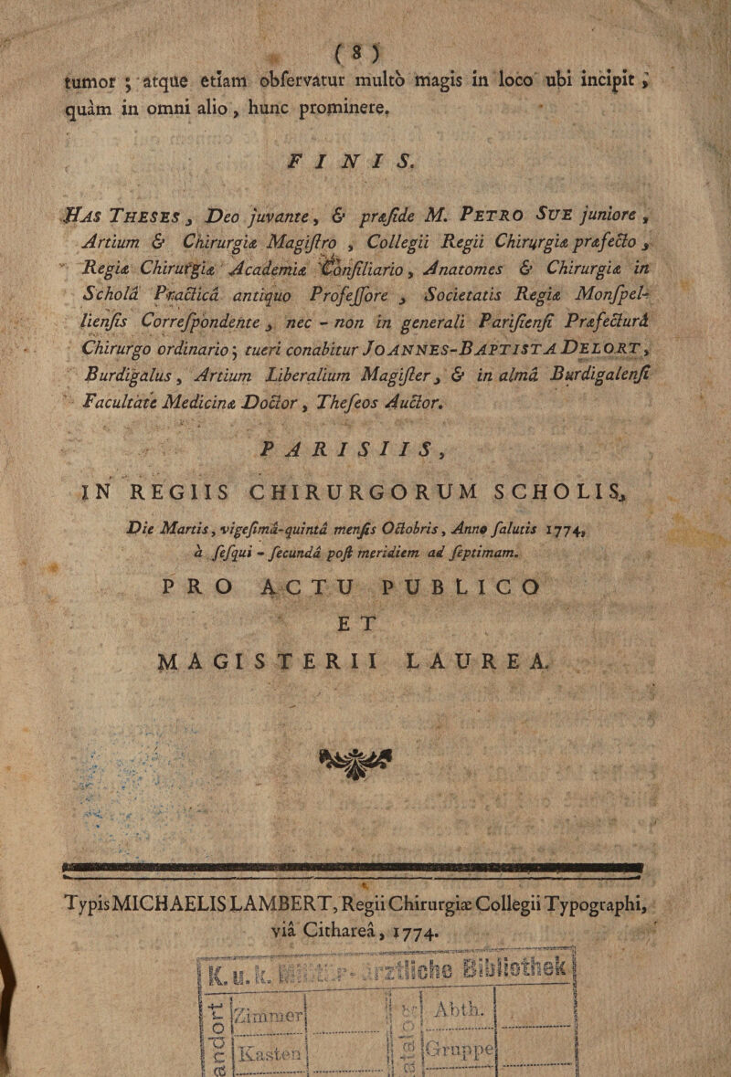 tumor ; atque etiam obfervatur multo magis in loco ubi incipit , quam in omni alio, hunc prominere. FINIS. Has Theses j Deo juvante, & praf.de M. Petro Sue juniore % Artium & ChirurguMagifi.ro , Collegii Regii Chirurgi a prafeclo 3 Regia Chirurgia Academia ^onjiliario, Anatomes & Chirurgia in Schola Praclica antiquo Profejfore Societatis Regia MonfpeU lienjis Correfpondente j nec - non in generali Parijienfi Prafeclurd Chirurgo ordinario j tueri conabitur Jo AN nes-B ATT ista Delo rt , Surdigalus 5 Artium Liberalium Magijler j & in alma. Burdigalenjt Facultate Medicina Docior, Thefeos Auclor. PARISIIS, IN REGIIS CHIRURGORUM SCHOLIS, Die Martis, vige fima-quinta menfis Oclobris, Anno falutis 1774, a fefqui - fecunda pofi meridiem ad feptimam. PRO ACTU PUBLICO ET MAGISTERII LAUREA. \<S' Typis MICH AELIS EAMBERT, Regii Chirurgi* Collegii Typographi, via Cicharea, 1774. Ii fi t\m i as j/ Ei ,, . > - Ili» ili. tCi ■; f-1 - 1 ■ » « y i.;' i tSha! £ . ais 1 * | * * i E 5 jj I 5™ 1 O ro Kasten | i' k 1 c ) 1 cs