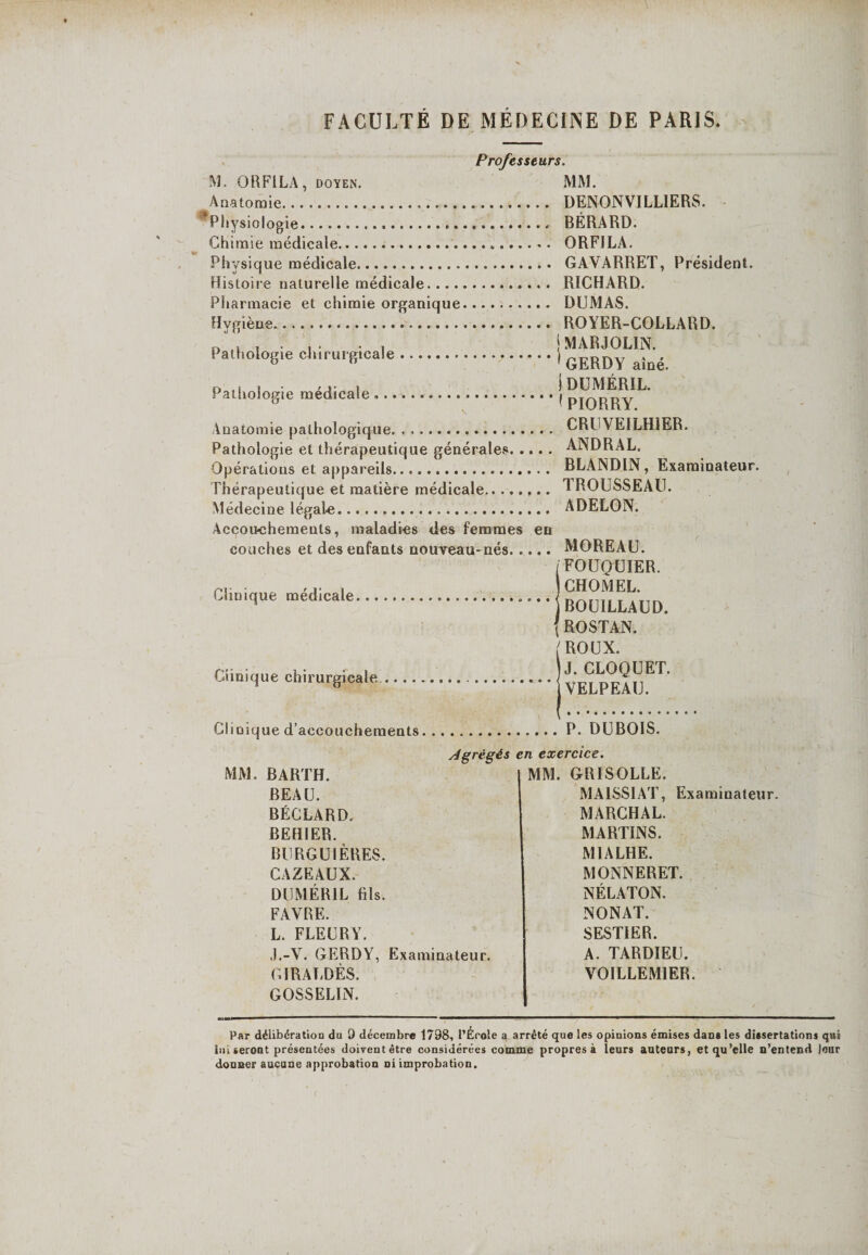 M. OR Fl LA, doyen. Anatomie....... $ Physiologie. Chimie médicale. Physique médicale. Histoire naturelle médicale. Pharmacie et chimie organique. Hygiène. Professeurs. Pathologie chirurgicale Pathologie médicale Anatomie pathologique. . .. Pathologie et thérapeutique générales. Opérations et appareils. Thérapeutique et matière médicale.,.. Médecine légale. Accouchements, maladies des femmes en couches et des enfants nouveau- nés. Clinique médicale. Clinique chirurgicale . MM. DENON VILLIERS. BÉRARD. ORFILA. GAVARRET, Président. RICHARD. DUMAS. ROYER-COLLARD. MARJOLIN. GERDY aîné, i DUMÉRÏL. ^ PIORRY. CRUVEILH1ER. ANDRAL. BLANDIN, Examinateur. TROUSSEAU. ADELON. MOREAU. FOUQUIER. CHOMEL. BOU1LLAUD. ROSTAN. ROUX. J. CLOQUET. VELPEAU. Clinique d’accouchements.P. DUBOIS. Agrégés en exercice. MM. BARTH. MM. GRISOLLE. BARTH. BEAU. BÉCLARD. BEHIER. BU RG UI ÈRES. CAZEAUX. DUMÉRÏL fils. FAVRE. L. FLEURY. J.-V. GERDY, Examinateur. G IRAI,DÈS. GOSSELIN. MA1SSIAT, Examinateur. MARCHA L. MARTINS. MIALHE. MONNERET. NÉLATON. NONAT. SESTIEB. A. TARDIEU. VOILLEM1ER. Par délibération du 9 décembre 1798, l’Érole a arrêté que les opiuions émises dans les dissertations qui lui seront présentées doiventêtre considérées comme propres à leurs auteurs, et qu’elle n’entend leur donner aucune approbation ni improbation.