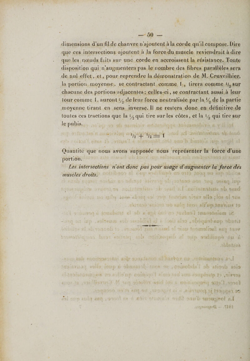 dimensions d’un fil de chanvre n’ajoutent à la corde qu’il compose. Dire que ces intersections ajoutent à la Force du muscle reviendrait à dire que les nœuds faits sur une corde en accroissent la résistance. Toute disposition qui n’augmenter^' pas le nombre des fibres parallèles sera de nul effet, et, pour reprendre la démonstration de M. Cruveilhier, la portion moyenne, se contractant comme 1 , tirera comme i/2sur chacune des portions adjacentes; celles-ci, se contractant aussi à leur tour comme 1, auront de leur force neutralisée par la l/2 de la partie moyenne tirant en sens inverse. 11 ne restera donc en définitive de toutes ces tractions que la y2 qui tire sur les côtes, et la l/2 qui tire sur le pubis. */2 T */2 1 y l . »? ':(■ * v:ll» h ’ i Quantité que nous avons supposée nous représenter la force d’une portion. Les intersections nont donc pas pour usage d‘augmenter la force des muscles droits.