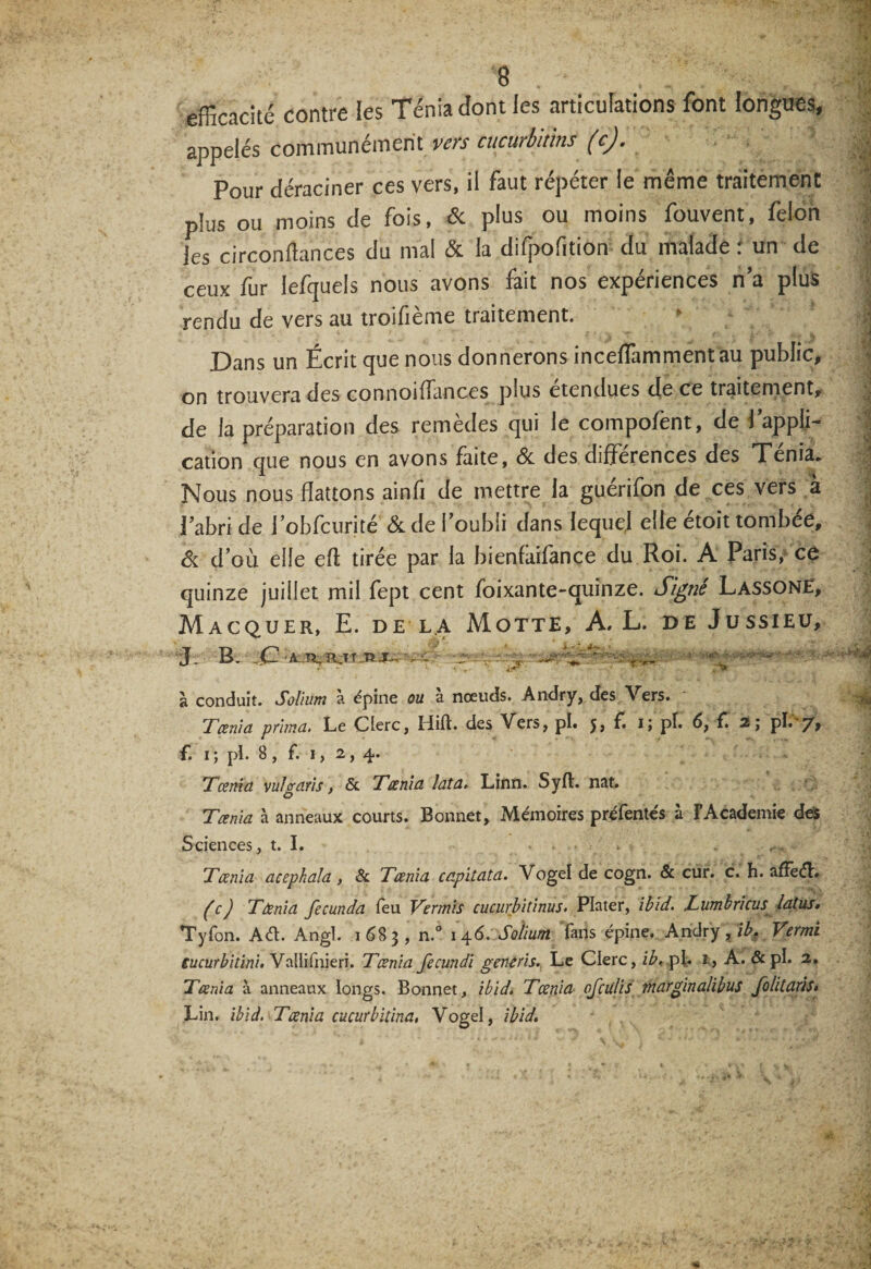 efficacité contre les Ténia dont les articulations font longues, appelés communément vers cucurbmns (c). Pour déraciner ces vers, il faut répéter le même traitement plus ou moins de fois, &amp; plus ou moins fouvent, félon les circonftances du mal &amp; la difpofition du malade i un de ceux fur Iefquels nous avons fait nos expériences n’a plus rendu de vers au troifième traitement. Dans un Écrit que nous donnerons inceffammentau public, on trouvera des connoiffances pius etendues de ce traitement, de la préparation des remèdes qui le compofent, de i appli¬ cation que nous en avons faite, &amp; des différences des Ténia. Nous nous flattons ainfi de mettre la guérifon de ces vers à l’abri de i’obfcurité &amp; de loubii dans lequej elle étoit tombée, &amp; d’où elle eft tirée par la bienfaifance du Roi. A Paris, ce quinze juillet mil fept cent foixante-quinze. Signé LassonE, M AC QU ER, E. DELA MOTTE, A. L. DE J U SSIEU, J. B. _C Æ Ï^TVT T P X. ; à conduit. Solium à épine ou à nœuds. Andry, des Vers. Tçenia prima. Le Clerc, Hift. des Vers, pi. 5, f. 1; pf. 6, f. 2; pi.'7, f* 1 j pl. b , f. 1, 2 y 4* Tœnia vulo-aris. &lt;5c Tœnia lata» Linn. SyfL nat. O Tœnia à anneaux courts. Bonnet, Mémoires préfentés à l’Academie des Sciences, t. I. . Tœnia acephala, &amp; Tœnia capitata. Vogel de cogn. &amp; cur. c. h. affeét. (c) T Ce ni a fecunda feu Vermis cucurbitinus. Platér, ibid. JLumbricus la tus, Tyfon. A6L Angl. 1683, n.° 146. Solium fans épine. Andry, ib. Vermi cucurbitini. Vallifnieri. Tœnia fecundi generis., Le Clerc, ib. pi. t, A. ôc pi. 2. Tœnia à anneaux longs. Bonnet, ibid. Tœnia ofciilis marginalibus folitaris* Lin. ibid. Tœnia cucurbitina, Vogel, ibid.
