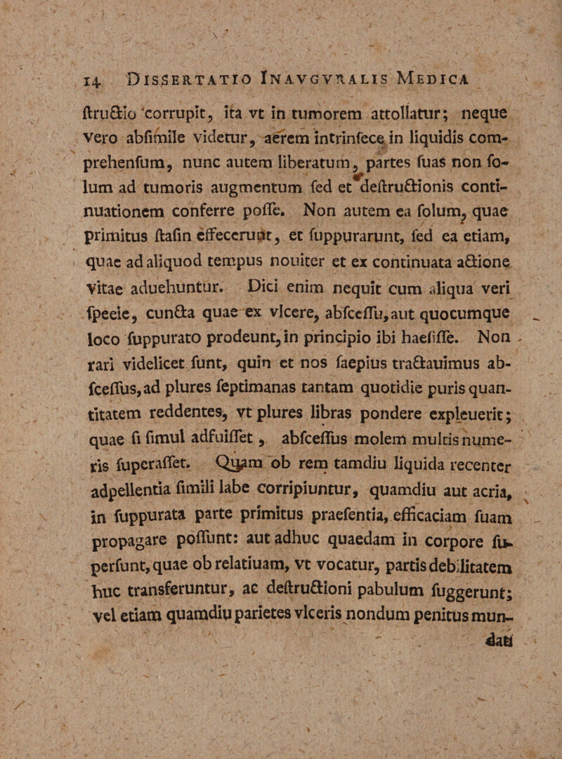 ftru&amp;Io‘corrupit, ita vt in tumorem attollatur; neque vero abfimile videtur, aerem intrinfece in liquidis com- prehenfum, nunc autem liberatum, partes fua$ non fo- lum ad tumoris augmentum fed et deftruadonis conti¬ nuationem conferre poffe. Non autem ea folum, quae / . • primitus ftafin effecerunt, et fuppurarunt, fed ea etiam, quae ad aliquod tempus nouiter et ex continuata aQione vitae aduehuntur. Dici enim nequit cum aliqua veri fpeeie, cun£ta quae ex vicere, abfccflu, aut quocumque loco fuppurato prodeunt, in principio ibi hadifle. Non tari videlicet funt, quin ct nos faepius tra&amp;auimus ab- fceflus,ad plures feptimanas tantam quotidie puris quan¬ titatem reddentes, vt plures libras pondere expleuerie; quae fi fimul adfuiflet , abfcefliis molem multis nume¬ ris fuperaffet. Qi^m ob rem tamdiu liquida recenter adpellentia fimili labe corripiuntur, quamdiu aut acria, in fuppurata parte primitus praefenda, efficaciam fuam propagare poflunt; aut adhuc quaedam in corpore fu* perfunt, quae obrelatiuam, vt vocatur, partis debilitatem huc transferuntur, ae deftruflioni pabulum fuggerunt; vel etiam quamdiu parietes viceris nondum penitus mun¬ dati