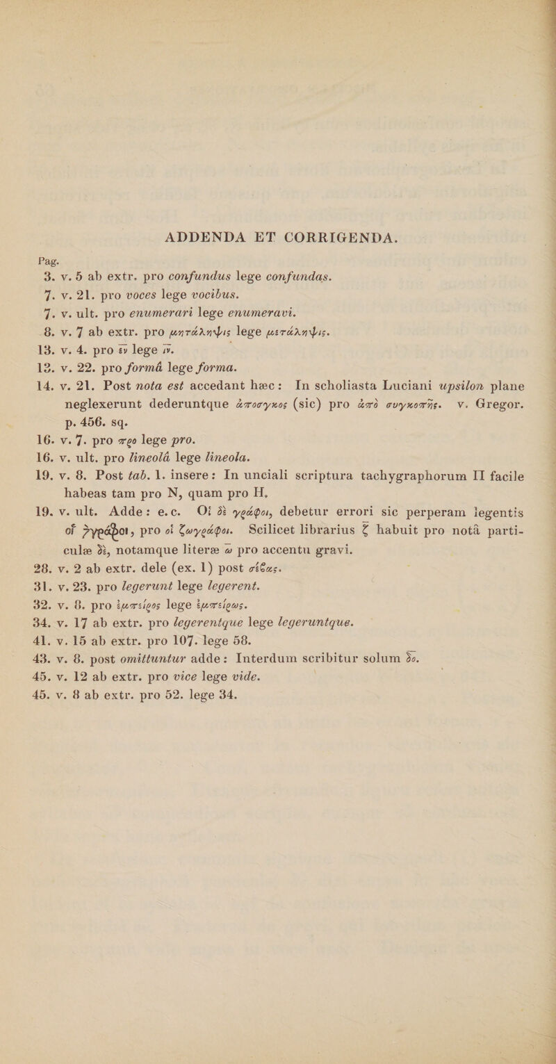 ADDENDA ET CORRIGENDA. Pag. 3. v. 5 ab extr. pro confundus lege confundas. 7- v. 21. pro voces lege vocibus. 7. v. ult. pro enumerari lege enumeravi. 8. v. 7 ab extr. pro /uyroikwfi; lege girxkn\pis. 13. v. 4. pro Tv lege /v. 13. v. 22. pro forma lege forma. 14. v. 21. Post nota est accedant haec: In scholiasta Luciani upsilon plane neglexerunt dederuntque ccrotryxo? (sic) pro utro cruyxo-rru. v. Gregor, p. 456. sq. 16. v. 7* pro lege pro. 16. v. ult. pro lineola lege lineola. 19. v. 8. Post tab. 1. insere: In unciali scriptura tachygraphorum H facile habeas tam pro N, quam pro H. 19. v. ult. Adde: e.c. Ol SI y^d<poi, debetur errori sic perperam legentis Scilicet librarius £ habuit pro nota parti¬ culae notamque literse u pro accentu gravi. 28. v. 2 ab extr. dele (ex. 1) post <ri£a.s. 31. v. 23. pro legerunt lege legerent. 32. v. 8. pro lege Ifttfugas. 34. v. 17 ab extr. pro legerentque lege legeruntque. 41. v. 15 ab extr. pro 107- lege 58. 43. v. 8. post omittuntur adde: Interdum scribitur solum So. 45. v. 12 ab extr. pro vice lege vide.