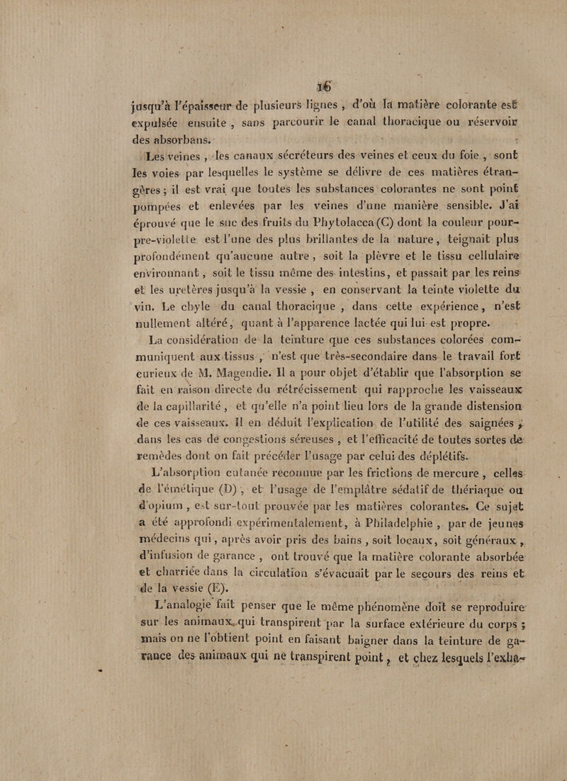 i€ jusqu’à répaîssetir de plusieurs lignes , d’où la matière colorante est expulsée ensuite , sans parcourir le canal thoracique ou réservoir des absorbans. Les veines , les canaux sécréteurs des veines et ceux du foie , sont les voies par lesquelles le système se délivre de ces matières étran¬ gères ; il est vrai que toutes les substances colorantes ne sont point pompées et enlevées par les veines d’une manière sensible. J’ai éprouvé que le suc des fruits du Phytoiacca (C) dont la couleur pour¬ pre-violette est l’une des plus brillantes de la nature, teignait plus profondément qu’aucune autre , soit la plèvre et le tissu cellulaire environnant, soit le tissu même des intestins, et passait par les reins et les uretères jusqu’à la vessie , en conservant la teinte violette du vin. Le chyle du canal thoracique , dans cette expérience, n’est nullement altéré, quant à l’apparence lactée qui lui est propre. La considération de la teinture que ces substances colorées com¬ muniquent aux tissus , n’est que très-secondaire dans le travail fort curieux de l\I. Magendie. Il a pour objet d’établir que l’absorption se fait en raison directe du rétrécissement qui rapproche les vaisseaux de la capillarité , et qu’elle n’a point lieu lors de la grande distension de ces vaisseaux. îl en déduit l’explication de Futilité des saignées r dans les cas de congestions séreuses , et F efficacité de toutes sortes de remèdes dont on fait précéder l’usage par celui des dépléiifs. L’absorption cutanée reconnue par les frictions de mercure , celles de l’émétique (D) , et Fusage de l’emplâtre sédatif de thériaque ou d’opium , est sur-tout prouvée par les matières colorantes. Ce sujet a été approfondi expérimentalement, à Philadelphie , par de jeunes médecins qui, après avoir pris des bains , soit locaux, soit généraux ? d’infusion de garance , ont trouvé que la matière colorante absorbée et charriée dans la circulation s’évacuait par le secours des reins et de la vessie (E). L’analogie fait penser que le même phénomène doit se reproduire sur les animaux, qui transpirent par la surface extérieure du corps ; mars on ne 1 obtient point en faisant baigner dans la teinture de ga¬ rance des animaux qui ne transpirent point ? et chez lesquels Fexha-