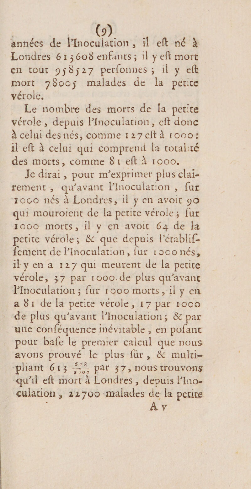 (?). années de l'Inoculation , il eft né à Londres 6 13 608 enfants ; il y eft mort en tout 958527 perionnes ; il y eft mort 78005 malades de la petite vérole. Le nombre des morts de la petite vérole, depuis l'inoculation, eft donc à celui des nés, comme 127 eft à 1000 : il eft à celui qui comprend la totalité des morts, comme 81 eft à 1000. Je dirai, pour m'exprimer plus clai¬ rement , qu'avant l'Inoculation , fur 1000 nés à Londres, il y en avoit 90 qui mouroient de la petite vérole ; fur 1000 morts, il y en avoit 64 de la petite vérole ; & que depuis l'établif- fement de l'Inoculation , lui* 1000 nés, il y en a 127 qui meurent de la petite vérole, 37 par 1000.de plus qu'avant l'Inoculation ; lut* 1000 morts, il y en a 81 de la petite vérole, 17 par ioco de plus qu'avant l'inoculation; & par une conféquence inévitable , en pofant pour bafe le premier calcul que nous avons prouvé le plus fur , & multi¬ pliant 613 -L3o8- par 37, nous trouvons qu'il eft mort à Londres, depuis l'Ino¬ culation 5 22700 malades de la petite A v