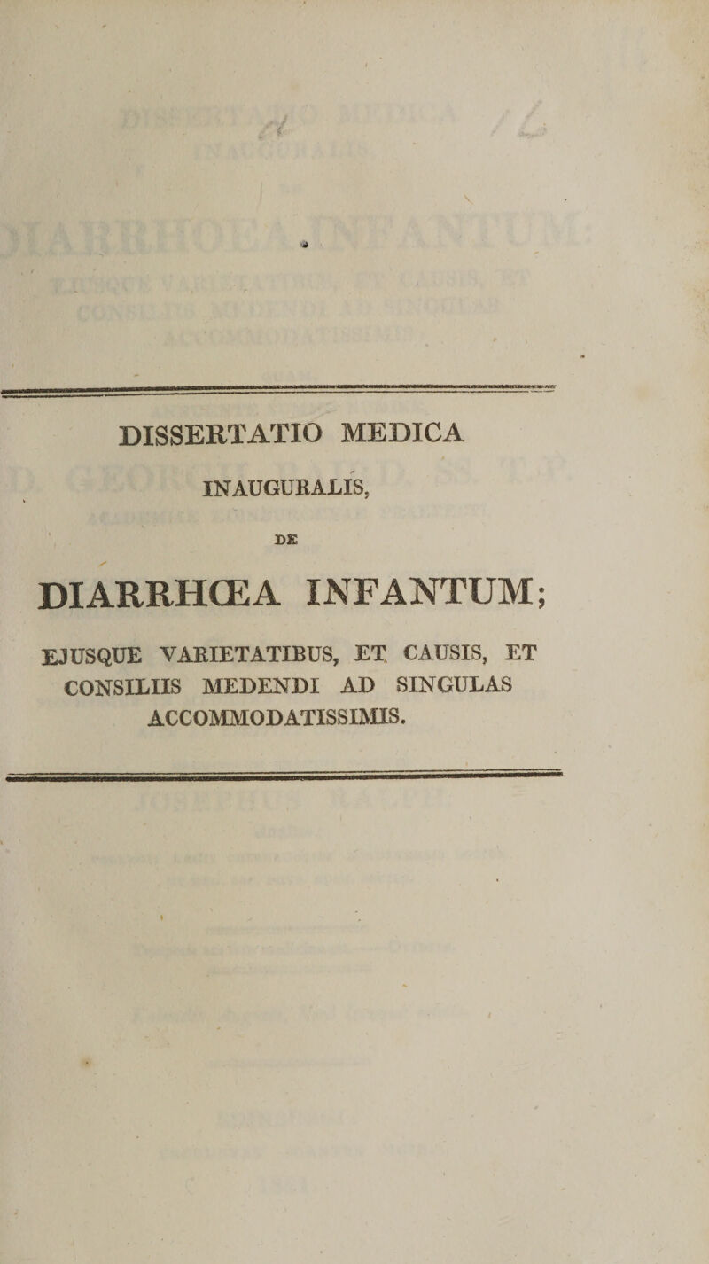 DISSERTATIO MEDICA 0 INAUGUEALIS, DE DIARRHCEA INFANTUM; EJ USQUE VARIETATIBUS, ET CAUSIS, ET CONSILIIS MEDENDI AD SINGULAS ACCOMMODATISSIMIS.