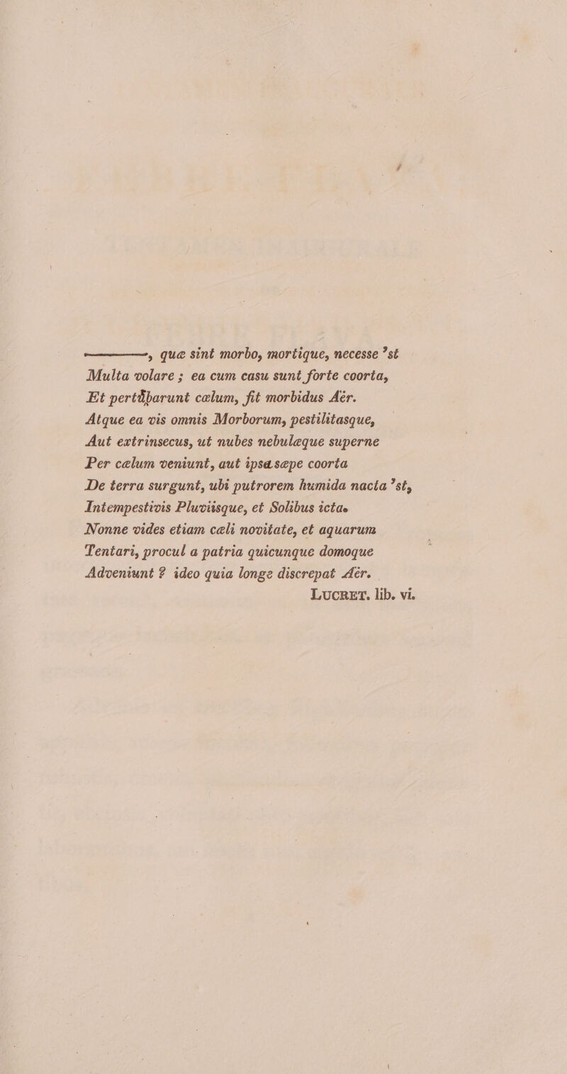 qu&lt;B sint morhOf mortiquCi necesse ^st Multa volare ; ea cum casu sunt forte coorta^ Et pertHj^arunt ccelum, fit morbidus Aer. Atque ea vis omnis Morborum, pestilitasque. Aut extrinsecus, ut nubes nebulceque superne E er cfdum veniunt, aut ipseLsape coorta De terra surgunt, ubi putrorem humida nacta *st. Intempestivis Pluviisque, et Solibus icta» Konne vides etiam ccdi novitate, et aquarum lentari, procul a patria quicunque domoque Adveniunt ? ideo quia longe discrepat Aer, Lucret, lib. vi. I