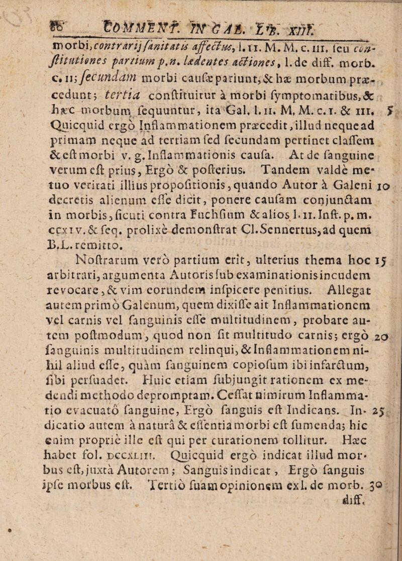 fiituthnes fartiump,n. Udcntes actiones^ l.de diff. morb. €.mfe(^undam morbi caiifepariuntj&hae morbumprse- ccdunt5 tertia conftituitur a morbi fyiinptomaribus,& hrc morbiuii fcquuntur, ita GaU l. ii. M, M. c.t. & iir, J Qaicquid ergo Inflammationem pr^cedit^illiid nequead primam neque ad tertiam fcd fecundam pertinet claflem &eftmorbi v. g.Inflammationis caufa. Atdefanguinc %^eninieft prius5 Ergo & pofterius. Tandem valde me¬ tuo veritati illius propofitionis, quando Autor k Galeni lo decretis alienum efle dicit, ponere caufam eonjundJam in morbis3 ficuti contra Eiichfiiim &:aliosJ*ii.Infl:. p. m. ccxiv.&feq. prolixe dcmonftrat CLScnncrtus^ad quem BX. remitto. Noftrarum vero partium critj ulterius thema hoc ij arbitrari^ argumenta Autorisfub examinationis incudem revocare 3^ vim corunderw infpicere penitius. Allegat autem primo Galenum, quem dixiffc ait Inflammationem vcl carnis vei (anguinis efle multitudinem, probare au¬ tem poftmodum^ quod non fit miilritiido carnis; ergo zo fangiiinis multitudinem relinqui, & Inflammationem ni- iiil aliud cflcj quam fanguinem copiofum ibiinfardum, fibi perfuadet. tluic etiam fubjungit rationem cx me¬ dendi methodo depromptam. Ceffat nimirum Inflamma¬ tio evacuato fanguine, Ergo fanguis cft Indicans. In- 25 dicatio autem a natura &effcntia morbi eft fumenda; hic enim proprie ille eft qui per curationem tollitur. Hxc habet fol. dccxjuii, Qaicquid ergo indicat illud mor¬ bus cft, jiixca Autorem ,• Sanguisindicat, Ergo fanguis ipfe morbus cft. Tertio fuamopinionem cxl. dc niorb. 30 diff.