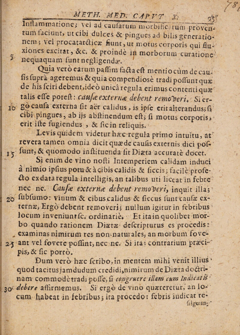 { METH, MEjyy CaF..vr I: gy Inflammatione; vci ad caufarurn niorbificuuii] pTovctT-' . tum faciunt, ut cibi duiecs ^ pingucsad bibs generatio¬ nem; vel procatar^flicae iiunt, ut motus corporis qui jEEni xiones excitat 5 &c, & proinde ifi morborum curatione^ ^ nequaquam funtnegligenda*. ' ' Q^ia vero earum paflam faftaeft mentio eflm de cau^ 0sfupra ageremus&quia compendiose tradi poffuntquae de his fciridebentjideo unica regula erimus contentiquse' talis effe poreft: cm[<t externa deknt remoneri. Si er- ib go caufa externa fit aer calidus , is ipfc erit alterandus, (i‘ cibi pingues5 ab i;s abftinendum eft; fi motus corporis^ erit ilfe fugiendus , ac ficin reliquis.’ laevis quidem videtur hajc regula primo intuitu, ai revera tanicn omnia dicitqu^ede caufisexternis dici pdP j y funtj & quomodo inftituenda fit Di^ta accurate docet. Si enim de vino nofti Intemperiem calidam induci a nimio ipfiuspotu&aQibiscalidis & ficcis; facile profe- (\o exdataregula inteiligis, an talibus uti liceatTn febre nec ne. Cm/^ externa dehent nmol[?eri^ inquit 20 fnbfumo: vinum & cibuscalidus & ficcus funt caufa: ex¬ terna, Ergo debent removerii nuilmn igitutin febribus locum inveniuntfc, ordinarie* Et itain quolibet mor¬ bo quando rationem Diaetis* deferipturus cs procedis:/ ^ examinas nimirum res non*naturalcs, an morbum foveis 2'^ ant vel fovere poffint, nec neo- Si ita; contrarium pr^ci'- pis,&: fic porro. Dum vero hxc feribo^in nientem mihi venit il|iui ’ qbod tacitusjamdudum credidijnimirum deDi^tadodris' nam comrUodetradi polle, fi eongrutre illam cum IndicatB * 30^^ debere affirmemus. Si ergo de vino quaereretur, an lo¬ cum liabeat in febribus; ita procedo: febris indicat re- filgei aa^ ‘