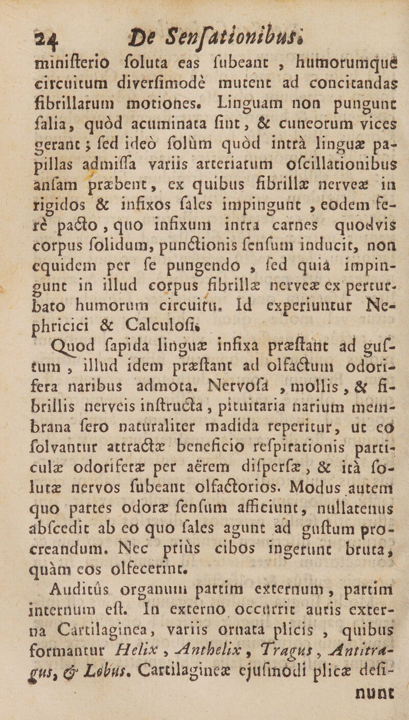 minifterio foluca eas fubeanc , humorumqud! circuitum diverfimode mucent ad concitandas fibrillarum motiones* Linguam non pungunc falia, quod acuminata fint, & cuneorum vices gerant •> fed ideo folum quod intra linguae pa¬ pillas admiffa variis arteriarum ofcillacionibus anfam praebent, ex quibus fibrillae nerveas in rigidos & infixos fales impingunt , eodem fe¬ re pa$o j quo infixum intra carnes quodvis corpus folidura, puncSionis fcnfum inducit, non equidem per fe pungendo , fed quia impin¬ gunt in illud corpus fibrilla nerveae ex pertur¬ bato humorum circuitu. Id experiuntur Ne- phricici & Calculofii Quod fapida linguae infixa praeftanc ad guf- sum , illud idem praedant ad olfadlum odori¬ fera naribus admota, Nervofa , mollis , & fi¬ brillis nerveis inftruila , pituitaria narium mem¬ brana fero naturaliter madida rcpericur, uc eo foivanttir attrailae beneficio refpirationis parti¬ culae odoriferae per aerem difpcrfae > & ita fo- lurae nervos fubeant olfadorios. Modus autem quo partes odorae fenfum afficiunt, nullatenus abfcedit ab eo quo fales agunt ad guftum pro¬ creandum. Nec prius cibos ingerunt bruta, quam cos olfecerint* Auditus organum partim externum , partim internum cft. In externo occurrit auris exter¬ na Cartilaginea, variis ornata plicis , quibus formantur Helix , .Anthelix, Tragus, jintltra- gus^ Lobus. Cartilagineae ejufmddl plicae defi- nunc