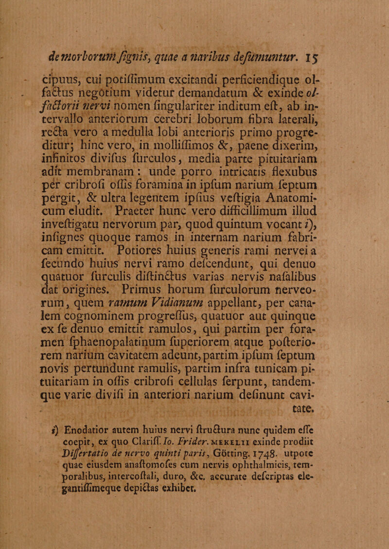 cipuus, cui potiffimum excitandi perficiendique ol- faftus negotium videtur demandatum &amp; exinde ol- faBorii nervi nomen fingulariter inditum eft, ab in¬ tervallo anteriorum cerebri loborum fibra laterali, recta vero a medulla lobi anterioris primo progre¬ ditur; hinc vero, in molliffimos &amp;, paene dixerim, infinitos divifus furculos, media parte pituitariam adit membranam: unde porro intricatis flexubus per cribrofi offis foramina in ipfum narium leptum pergit, &amp; ultra legentem ipfius veftigia Anatomi¬ cum eludit. Praeter hunc vero difficillimum illud inveftigatu nervorum par, quod quintum vocant i), infignes quoque ramos in internam narium fabri¬ cam emittit. Potiores huius generis rami nervei a fecundo huius nervi ramo delcendunt, qui denuo quatuor furculis diftinctus varias nervis nafalibus dat origines. Primus horum furculorum nerveo- rum, quem ramum Vidianum appellant, per cana¬ lem cognominem progreffius, quatuor aut quinque ex fe denuo emittit ramulos, qui partim per fora¬ men fphaenopalatinum fuperiorem atque pofterio- rem narium cavitatem adeunt, partim ipfum feptum novis pertundunt ramulis, partim infra tunicam pi¬ tuitariam in offis cribrofi cellulas ferpunt, tandem- que varie divifi in anteriori narium definunt cavi¬ tate. ») Enodatior autem huius nervi ftruckira nunc quidem efle coepit, ex quo Clariff./o. Frider. mekelti exinde prodiit Dijfcrtatio de nervo quinti paris, Gotting. 1748- utpote quae eiusdem anaftomofes cum nervis ophthalmicis, tem¬ poralibus, intercoftali, duro, &amp;c. accurate defcriptas ele- gantiffimeque d epici as exhibet.