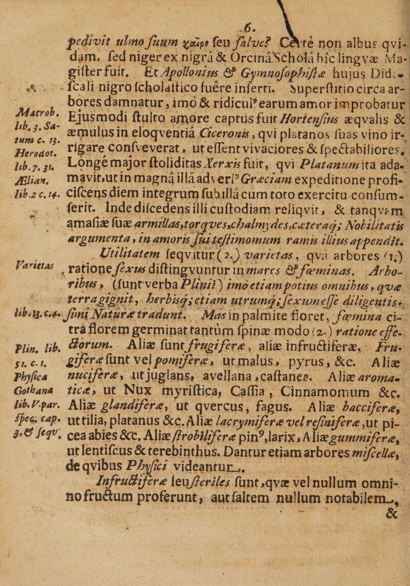 Redivit idmofuum %e£ipt feu falve? CeVfe non albus qvi- dam, fed niger ex nigra &amp; OrdnaSchdla hie lingys Ma- gifterfuit, iLt Apollonius <5? Gymnofophifta hujus Did.- a fcali nigro (cholatiico fuere inferti, iuperfiitio circa ar~ bores damnatur , imb &amp;ridicul’earumamorimprobatur hbaCr°Sa ejusmodi ftuiro amore captusfuirHorte npus sqvalis &amp; tnm 'c. m, a;n,l,lus*n eloqventia Ciceronis, qvi platanos fuas vino ir- Hero'dou rigare confveverat, uteflenrvivaciores &amp;fpectabihore:-. hb.7.31. Longe major ftoliditas Xerxis fuit, qvi ■ PlatanumUz ada. &amp;lia>t, mavit,ut in magna illa ad v e r P Graeciam expeditione profi- lib.z c,i+. cifcens diem integrum fub illa cum toto exercituconfum- ferit- Indedifcedensillicuffodiarr. reliqvit, &amp; tanqvfrn amahs fuse armillas,torqves,chalmydes,creteraq; Nobilitatis argument a, in amoris juitejlimomum ramis illim appendit. . Utilitatem feqvitur(2.J) varietas, qv;i arbores ft.) Varietas ^ rationeJixus diftingvuntur in mares &amp;'feminas. Arbo¬ ribus > (Xunt verba Plinii ) imo etiam potius omnibus, qvx terra gignit, herbisq; etiam utrumqsjexumejje diligentis- hb. y. c.4- Jimi Natura tradunt. Masm palmite floret, femina ci¬ tra florem germinat tantum fpins modofz.) ratione ejfe. Tlin. lib. Borum. Aliae funtfrugifera, aliae infru£tiferae, • Fruy fi.c.i. SLbfer a funt vel pomifera, utrnalus, pyrus , &amp;c. Aliae Thyfica nuciferx, -Ut juglans, avellana ,caftanea. Alite aroma. Cotbana that, ut Nux myriftica, Caffia , Cinnamomum &amp;c. Hb. y.fur. Aliae glandifera, ut qvercus, fagus. Alis b acci ferte, fpec. cap. ut tilia, platanus &amp;c. Alis lacrymiferx vel refniferx, ut pi- ceaabies&amp;C. Alisflrobiliferapin9,larix,Mitegummifra, ut lentifcus &amp; terebinthus. Dantur etiam arbores mifcelbs, de qvibus Phyfici videantur.,. InfruBiferx [euferiles funt.qvs vel nullum omni¬ no fruftum proferunt, autfaltem nullum notabilem.., '  &amp;