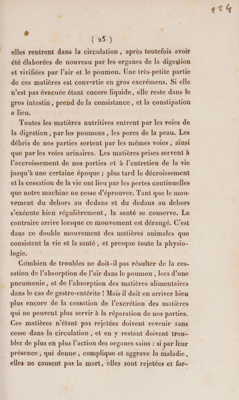 ê i'itt ( 25 ) elles rentrent dans la circulation , après toutefois avoir été élaborées de nouveau par les organes de la digestion et vivifiées par l’air et le poumon. Une très-petite partie de ces matières est convertie en gros excrémens. Si elle n’est pas évacuée étant encore liquide, elle reste dans le gros intestin, prend de la consistance , et la constipation a lieu. Toutes les matières nutritives entrent par les voies de la digestion , par les poumons , les pores de la peau. Les débris de nos parties sortent par les mêmes voies , ainsi que parles voies urinaires. Les matières prises servent à l’accroissement de nos parties et h l’entretien de la vie jusqu’à une certaine époque ; plus tard le décroissement et la cessation de la vie ont lieu par les pertes continuelles que notre machine ne cesse d’éprouver. Tant que le mou¬ vement du dehors au dedans et du dedans au dehors s’exécute bien régulièrement, la santé se conserve. Le contraire arrive lorsque ce mouvement est dérangé. C’est dans ce double mouvement des matières animales que consistent la vie et la santé, et presque toute la physio¬ logie. Combien de troubles ne doit-il pas résulter de la ces¬ sation de l’absorption de l’air dans le poumon , lors d’une pneumonie, et de l’absorption des matières alimentaires dans le cas de gastro-entérite ! Mais il doit en arriver bien plus encore de la cessation de l’excrétion des matières qui ne peuvent plus servir à la réparation de nos parties. Ces matières n’étant pas rejetées doivent revenir sans cesse dans la circulation , et en y restant doivent trou¬ bler de plus en plus l’action des organes sains : si par leur présence, qui donne, complique et aggrave la maladie„ elles ne causent pas la mort, elles sont rejetées et for-