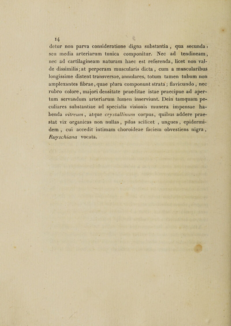 \ a ...... 14 detur non parva consideratione digna substantia } qua secunda > seu media arteriarum tunica componitur. Nec ad tendineam, nec ad cartilagineam naturam haec est referenda, licet non val¬ de dissimilis;at perperam muscularis dicta, cum a muscularibus longissime distent transversae, annulares, totum tamen tubum non amplexantes fibrae, quae plura componunt strata; flavicundo , nec rubro colore, majori densitate praeditae istae praecipue ad aper¬ tum servandum arteriarum lumen inserviunt. Dein tamquam pe¬ culiares substantiae ad specialia visionis munera impensae ha¬ benda vitreum , atque crystallinum corpus, quibus addere prae¬ stat vix organicas non nullas, pilos scilicet , ungues , epidermi¬ dem , cui accedit intimam choroideae faciem obvestiens nigra, Riiyschiana vocata.