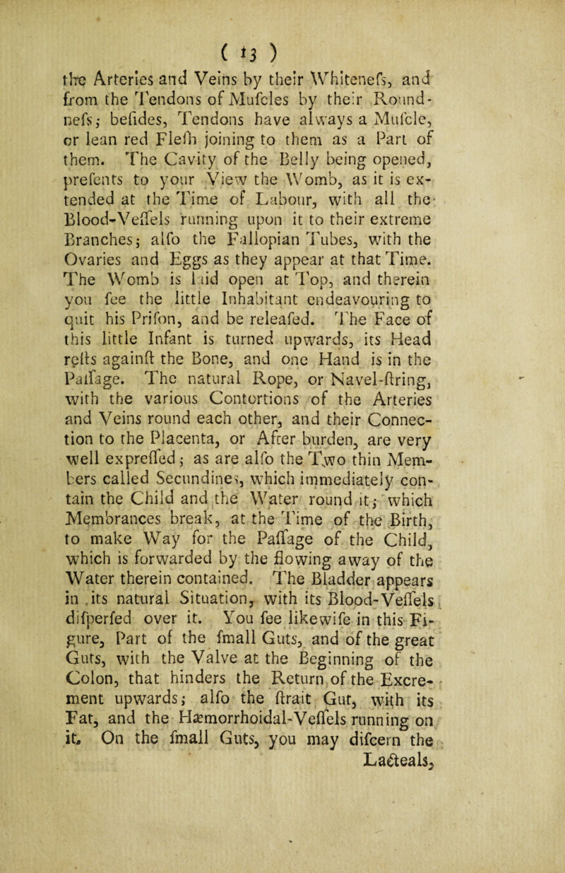 ( *3 ) tire Arteries and Veins by their Whltenefs, and from the Tendons of Mufcles by their Round- nefs; befides, Tendons have always a Mufcle, or lean red Flefh joining to them as a Part of them. The Cavity of the Belly being opened, prefents to your View the Womb, as it is ex¬ tended at the Time of Labour, with all the- Blood-Veffels running upon it to their extreme Branches; alfo the Fallopian Tubes, with the Ovaries and Eggs as they appear at that Time. The Womb is laid open at Top, and therein you fee the little Inhabitant endeavouring to quit his Prifon, and be releafed. The Face of this little Infant is turned upwards, its Head rplts againft the Bone, and one Hand is in the Paifage. The natural Rope, or Navel-firing, with the various Contortions of the Arteries and Veins round each other, and their Connec¬ tion to the Placenta, or After burden, are very well exprefled; as are alfo the Two thin Mem¬ bers called Secundines, which immediately con¬ tain the Child and the Water round it; which Membrances break, at the Time of the Birth, to make Way for the PafTage of the Child, which is forwarded by the flowing away of the Water therein contained. The Bladder appears in its natural Situation, with its Blood-Veffels difperfed over it. You fee likewife in this Fi¬ gure, Part of the fmall Guts, and of the great Guts, with the Valve at the Beginning of the Colon, that hinders the Return of the Excre¬ ment upwards; alfo the ftrait Gut, with its Fat, and the Hemorrhoidal-Veffels running on it* On the fmall Guts, you may difcern the La£teal$,