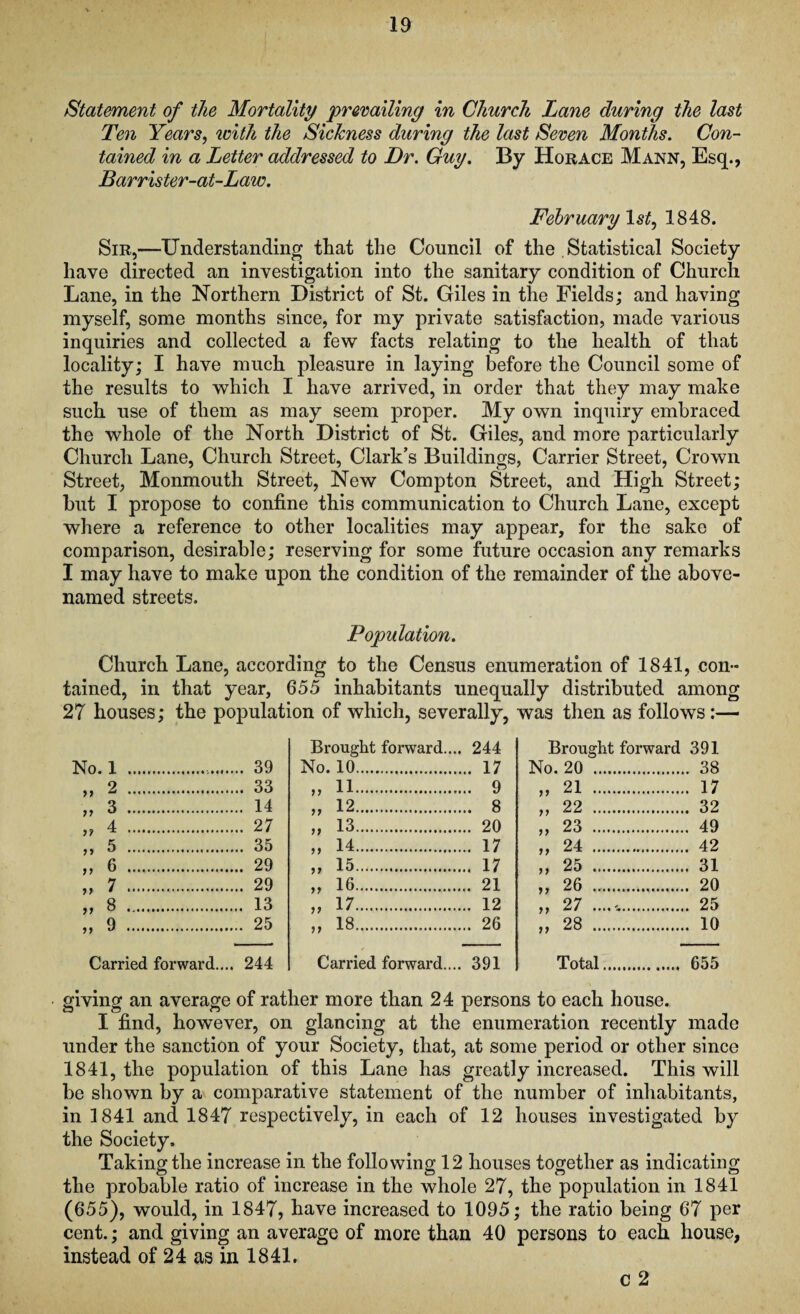 Statement of the Mortality prevailing in Church Lane during the last Ten Years, with the Sickness during the last Seven Months. Con¬ tained in a Letter addressed to Dr. Guy. By Horace Mann, Esq., Barrister-at-Law. February 1st, 1848. Sir,—Understanding that the Council of the Statistical Society have directed an investigation into the sanitary condition of Church Lane, in the Northern District of St. Giles in the Fields; and having myself, some months since, for my private satisfaction, made various inquiries and collected a few facts relating to the health of that locality; I have much pleasure in laying before the Council some of the results to which I have arrived, in order that they may make such use of them as may seem proper. My own inquiry embraced the whole of the North District of St. Giles, and more particularly Church Lane, Church Street, Clark’s Buildings, Carrier Street, Crown Street, Monmouth Street, New Compton Street, and High Street; but I propose to confine this communication to Church Lane, except where a reference to other localities may appear, for the sake of comparison, desirable; reserving for some future occasion any remarks I may have to make upon the condition of the remainder of the above- named streets. Population. Church Lane, according to the Census enumeration of 1841, con¬ tained, in that year, 655 inhabitants unequally distributed among 27 houses; the population of which, severally, was then as follows:— Brought forward... 244 Brought forward 391 No. 1 .. .. 39 No. 10. .. 17 No. 20 . . 38 „ 2 . .. 33 11 11.. .. 9 „ 21 . . 17 „ 3 . .. 14 11 12. .. 8 „ 22 . . 32 „ 4 . .. 27 11 13. .. 20 „ 23 . . 49 „ 5 . .. 35 11 14. .. 17 „ 24 . . 42 »' 6 . .. 29 11 15. .. 17 „ 25 . . 31 „ 7 . .. 29 11 16. .. 21 >i 26 . . 20 „ 8 . .. 13 H 17. .. 12 », 27 ....,. . 25 „ 9 . .. 25 11 18..... .. 26 » 28 . . 10 Carried forward... 244 Carried forward.,. 391 Total. . 655 giving an average of rather more than 24 persons to each house. I find, however, on glancing at the enumeration recently made under the sanction of your Society, that, at some period or other since 1841, the population of this Lane has greatly increased. This will be shown by a comparative statement of the number of inhabitants, in 1841 and 1847 respectively, in each of 12 houses investigated by the Society. Taking the increase in the following 12 houses together as indicating the probable ratio of increase in the whole 27, the population in 1841 (655), would, in 1847, have increased to 1095; the ratio being 67 per cent.; and giving an average of more than 40 persons to each house, instead of 24 as in 1841. c 2