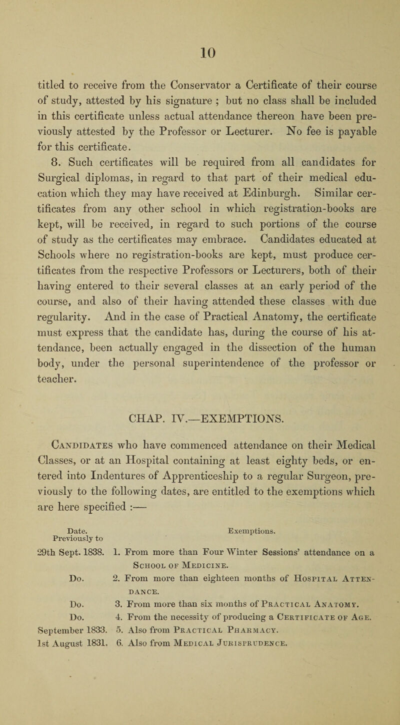 titled to receive from the Conservator a Certificate of their course of study, attested by his signature ; but no class shall be included in this certificate unless actual attendance thereon have been pre¬ viously attested by the Professor or Lecturer. No fee is payable for this certificate. 8. Such certificates will be required from all candidates for Surgical diplomas, in regard to that part of their medical edu¬ cation which they may have received at Edinburgh. Similar cer¬ tificates from any other school in which registration-books are kept, will be received, in regard to such portions of the course of study as the certificates may embrace. Candidates educated at Schools where no registration-books are kept, must produce cer¬ tificates from the respective Professors or Lecturers, both of their having entered to their several classes at an early period of the course, and also of their having attended these classes with due regularity. And in the case of Practical Anatomy, the certificate must express that the candidate has, during the course of his at¬ tendance, been actually engaged in the dissection of the human body, under the personal superintendence of the professor or teacher. CHAP. IV.—EXEMPTIONS. Candidates who have commenced attendance on their Medical Classes, or at an Plospital containing at least eighty beds, or en¬ tered into Indentures of Apprenticeship to a regular Surgeon, pre¬ viously to the following dates, are entitled to the exemptions which are here specified :— Date. Exemptions. Previously to 29th Sept. 1838. 1. From more than Four Winter Sessions’ attendance on a School of Medicine. Do. 2. From more than eighteen months of Hospital Atten¬ dance. Do. 3. From more than six months of Practical Anatomy. Do. 4. From the necessity of producing a Certificate of Age. September 1833. 5. Also from Practical Pharmacy. 1st August 1831. 6. Also from Medical Jurisprudence.