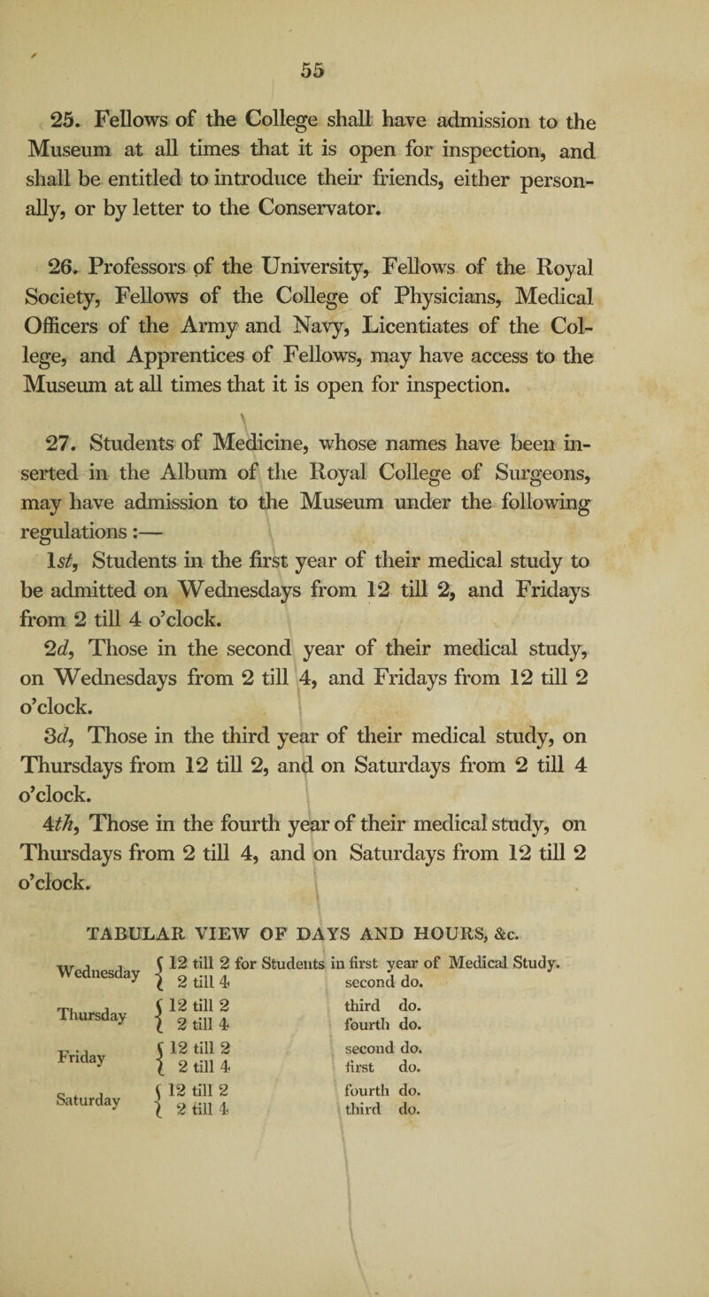 25. Fellows of the College shall have admission to the Museum at all times that it is open for inspection, and shall be entitled to introduce their friends, either person¬ ally, or by letter to the Conservator. 26, Professors of the University, Fellows of the Royal Society, Fellows of the College of Physicians, Medical Officers of the Army and Navy, Licentiates of the Col¬ lege, and Apprentices of Fellows, may have access to the Museum at aU times that it is open for inspection. 27. Students of Medicine, whose names have been in¬ serted in the Album of the Royal College of Surgeons, may have admission to the Museum under the following regulations:— 15^ Students m the first year of their medical study to be admitted on Wednesdays from 12 till 2, and Fridays from 2 till 4 o’clock. 2c?, Tliose in the second year of their medical study, on Wednesdays from 2 till 4, and Fridays from 12 till 2 o’clock. 3c?, Those in the third year of their medical study, on Thursdays from 12 till 2, and on Saturdays from 2 till 4 o’clock. 4^^, Those in the fourth year of their medical study, on Thursdays from 2 till 4, and on Saturdays from 12 till 2 o’clock. TABULAR VIEW OF DAYS AND HOURS, &c. -rtf j (12 till 2 for Students in first year of Medical Study, weanesday o .ni a rin. Saturday Friday Tluirsday second do. third do. fourth do. second do. first do. fourth do. third do.