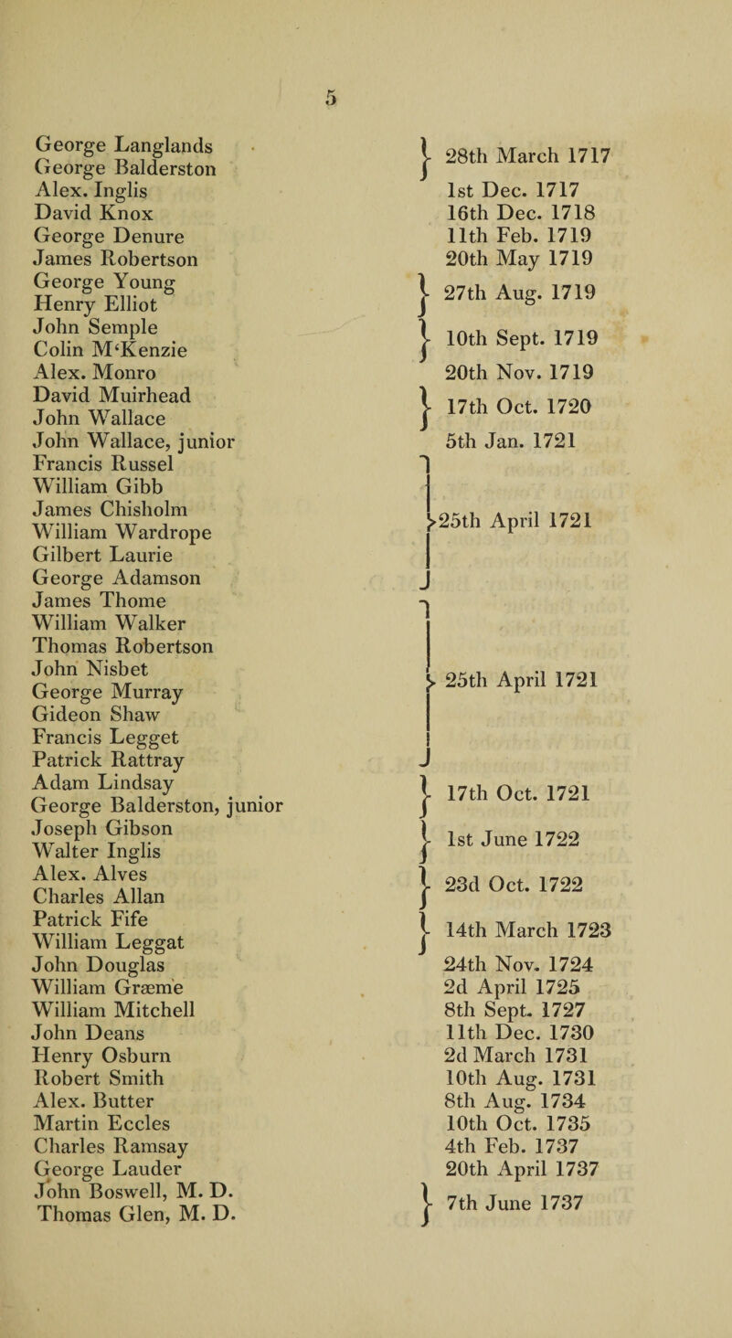 George Langlands George Balderston Alex. Inglis David Knox George Denure James Robertson George Young Henry Elliot John Semple Colin McKenzie Alex. Monro David Muirhead John Wallace John Wallace, junior Francis Russel William Gibb James Chisholm William Wardrope Gilbert Laurie George Adamson James Thome William Walker Thomas Robertson John Nisbet George Murray Gideon Shaw Francis Legget Patrick Rattray Adam Lindsay George Balderston, junior Joseph Gibson Walter Inglis Alex. Alves Charles Allan Patrick Fife William Leggat John Douglas William Graeme William Mitchell John Deans Henry Osburn Robert Smith Alex. Butter Martin Eccles Charles Ramsay George Lauder John Boswell, M. D. Thomas Glen, M. D. |- 28th March 1717 1st Dec. 1717 16th Dec. 1718 11th Feb. 1719 20th May 1719 * 27th Aug. 1719 j- 10th Sept. 1719 20th Nov. 1719 |- 17th Oct. 1720 5th Jan. 1721 >^25th April 1721 J. 25th April 1721 I 17th Oct. 1721 j- 1st June 1722 I 23d Oct. 1722 J- 14th March 1723 24th Nov. 1724 2d April 1725 8th Sept- 1727 11th Dec. 1730 2d March 1731 10th Aug. 1731 8th Aug. 1734 10th Oct. 1735 4th Feb. 1737 20th April 1737 \ 7th June 1737