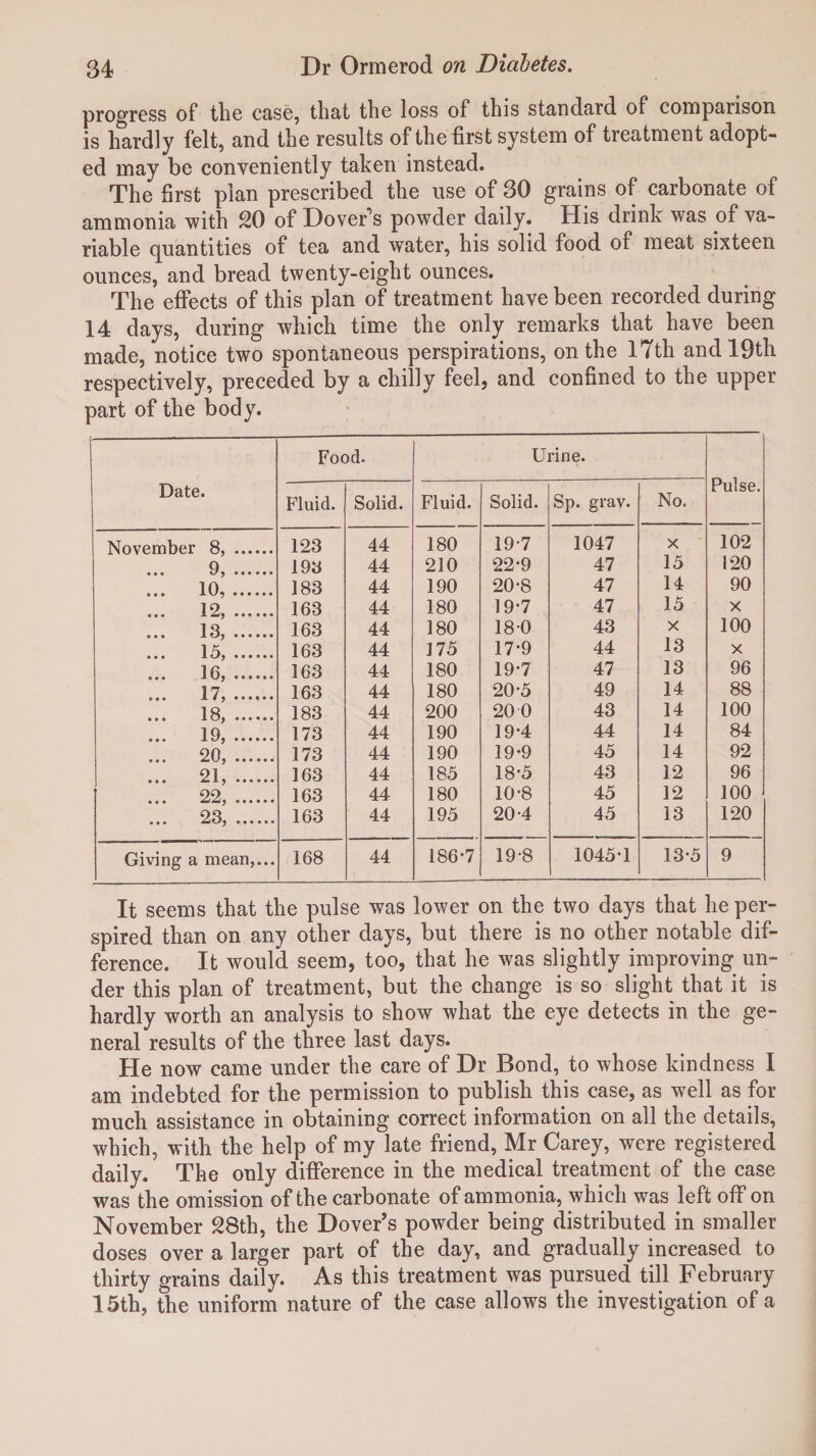 progress of the case, that the loss of this standard of comparison is hardly felt, and the results of the first system of treatment adopt¬ ed may be conveniently taken instead. The first plan prescribed the use of 30 grains of carbonate of ammonia with 20 of Dover’s powder daily. His drink was of va¬ riable quantities of tea and water, his solid food of meat sixteen ounces, and bread twenty-eight ounces. The effects of this plan of treatment have been recorded during 14 days, during which time the only remarks that have been made, notice two spontaneous perspirations, on the 17th and 19th respectively, preceded by a chilly feel, and confined to the upper part of the body. Date. Food. Urine. Pulse. Fluid. Solid. Fluid. Solid. Sp. grav. No. November 8, . 123 44 180 19-7 1047 X 102 9, . 193 44 210 22-9 47 15 120 ... 10,. 183 44 190 20-8 47 14 90 12, . 163 44 180 19-7 47 15 X 13, . 163 44 180 180 43 X 100 15,. 163 44 175 17-9 44 13 X ... 16,. 163 44 180 19-7 47 13 96 ... 17,. 163 44 180 20-5 49 14 88 ... 18, .. 183 44 200 20 0 43 14 100 ... 19, . 173 44 190 19-4 44 14 84 ... 20, . 173 44 190 19-9 45 14 92 ... 21, . 163 44 185 18-5 43 12 96 ... 22,. 163 44 180 10-8 45 12 100 ... 23, .. 163 44 195 20-4 45 13 120 Giving a mean,... 168 44 186-7 19-8 1045-1 13-5 9 It seems that the pulse was lower on the two days that he per¬ spired than on any other days, but there is no other notable dif¬ ference. It would seem, too, that he was slightly improving un¬ der this plan of treatment, but the change is so slight that it is hardly worth an analysis to show what the eye detects in the ge¬ neral results of the three last days. He now came under the care of Dr Bond, to whose kindness I am indebted for the permission to publish this case, as well as for much assistance in obtaining correct information on all the details, which, with the help of my late friend, Mr Carey, were registered daily. The only difference in the medical treatment of the case was the omission of the carbonate of ammonia, which was left off on November 28th, the Dover’s powder being distributed in smaller doses over a larger part of the day, and gradually increased to thirty grains daily. As this treatment was pursued till February 15th, the uniform nature of the case allows the investigation of a