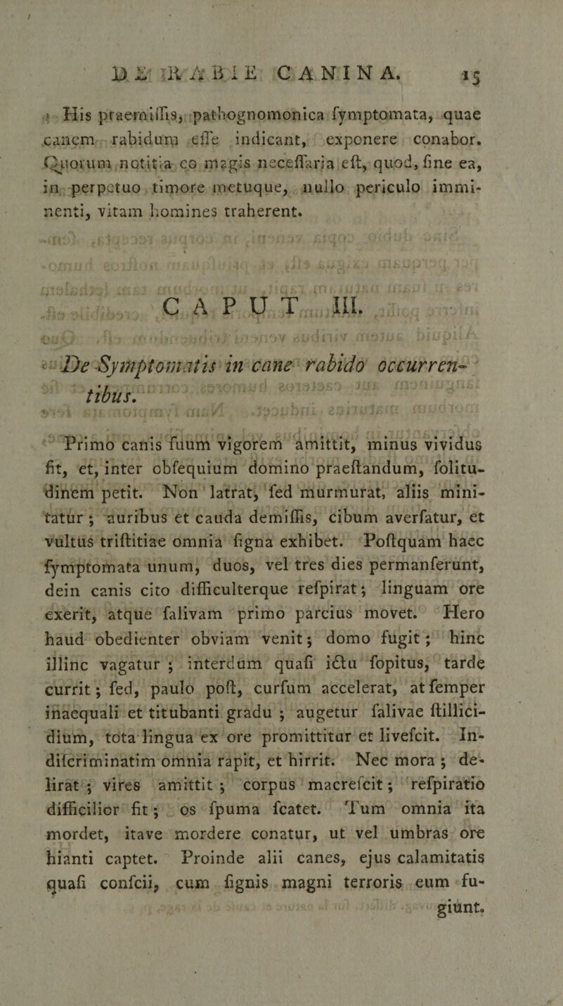 »5 His praemiffis, pathognomonica fymptomata, quae canem rabidum die indicant, exponere conabor. Quorum notitia eo magis neceffaria eft, quod, fine ea, in perpetuo timore metuque, nuilo periculo immi¬ nenti, vitam homines traherent. CAPUT III. De Symptomatis in cane rabido occurren¬ tibus. k>iL nolam H •}33HD(U» uu/vK.'-^ Primo canis fuum vigorem amittit, minus vividus fit, et, inter cbfequium domino praedandum, folitu- dinem petit. Non latrat, fed murmurat, aliis mini¬ tatur ; auribus et cauda demiffis, cibum averfatur, et vultus triftitiae omnia figna exhibet. Poftquam haec fymptomata unum, duos, vel tres dies permanferunt, dein canis cito difficulterque refpirat; linguam ore exerit, atque falivam primo parcius movet. Hero haud obedienter obviam venit; domo fugit; hinc illinc vagatur ; interdum quafi i£tu fopitus, tarde currit; fed, paulo poft, curfum accelerat, atfemper inaequali et titubanti gradu ; augetur falivae ftillici- dium, tota lingua ex ore promittitur et livefeit. In- dilcriminatim omnia rapit, et hirrit. Nec mora ; de¬ lirat ; vires amittit ; corpus macrelcit; refpiratio difficilior fit; os fpuma fcatet. Tum omnia ita mordet, itave mordere conatur, ut vel umbras ore hianti captet. Proinde alii canes, ejus calamitatis quafi confcii, cum fignis magni terroris eum fu¬ giunt.