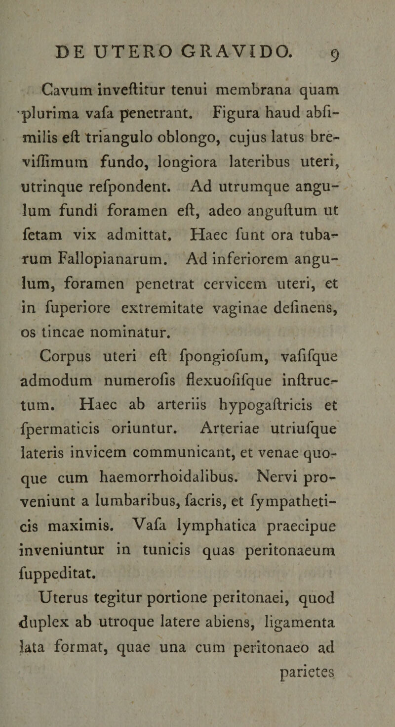 Cavum inveftitur tenui membrana qiiam ■plurima vafa penetrant. Figura haud abfi- ✓ milis eft triangulo oblongo, cujus latus bre- viffimuin fundo, longiora lateribus uteri, utrinque refpondent. Ad utrumque angu¬ lum fundi foramen eft, adeo anguftum ut fetam vix admittat. Haec funt ora tuba^ rum Fallopianarum. Ad inferiorem angu¬ lum, foramen penetrat cervicem uteri, et in fuperiore extremitate vaginae defmens, os tincae nominatur. Corpus uteri eft fpongiofum, vafifque admodum numerofis flexuofifque inftruc^ tum. Haec ab arteriis hypogaftricis et fpermaticis oriuntur. Arteriae utriulque lateris invicem communicant, et venae quo¬ que cum haemorrhoidalibus. Nervi pro^ veniunt a lumbaribus, facris, et fympatheti- cis maximis. Vafa lymphatica praecipue inveniuntur in tunicis quas peritonaeum fuppeditat. Uterus tegitur portione peritonaei, quod duplex ab utroque latere abiens, ligamenta lata format, quae una cum peritonaeo ad parietes