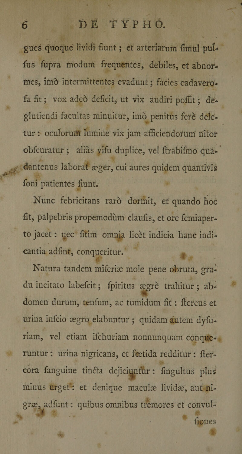 gues quoque lividi fiunt; et arteriarum fimul pul- fus fupra modum frequentes, debiles, et abnor¬ mes, imo intermittentes evadunt; facies cadavero- fa fit; vox adeo deficit, ut vix audiri pofifit; de* glutiendi facultas minuitur, imo penitus fere dele¬ tur : oculoruift lumine vix jam afficiendorum nitor obfcuratur j alias yifu duplice, vel flrabifmo qua- ’ dantenus laborat aeger, cui aures quidem quantivis foni patientes fiunt. ^ Nunc febricitans raro dormit, et quando hoc fit, palpebris propemodum claufis, et ore femiaper- to jacet: ^ec fitim omnia licet indicia hanc indi¬ cantia adfmt,' conqueritur. - Natura tandem miferiae mole pene obruta, gra¬ du incitato labefcit; fpiritus ^re trahitur; ab¬ domen durum, tenfum, ac tumidum fit: ftercus et urina infcio aegro elabuntur ; quidam autem dyfu- riam, vel etiam ifchuriam nonnunquam conque- runtur; urina nigricans, et fcetida redditur: fler- minus urget’: et denique maculae lividse, aut ni¬ grae, adfunt: quibus omnibus tremores et convul- ■ ' fiones