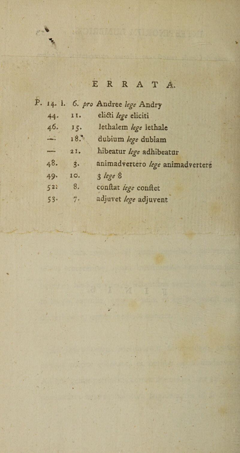 .. % E R R A T Ao 14. 1. 6. pro Andree lege Andry 44' 11. di<5ti lege eliciti 4 6, J5* iethalem lege lethale 18; ^ dubium lege dubiam V 23. hibeatur lege adhibeatur 48. 3* animadvertero lege animadvertere 49. IO. 3 tege &amp; 52- 8. conftat lege conftet 53* 7« adjuvet lege adjuvent