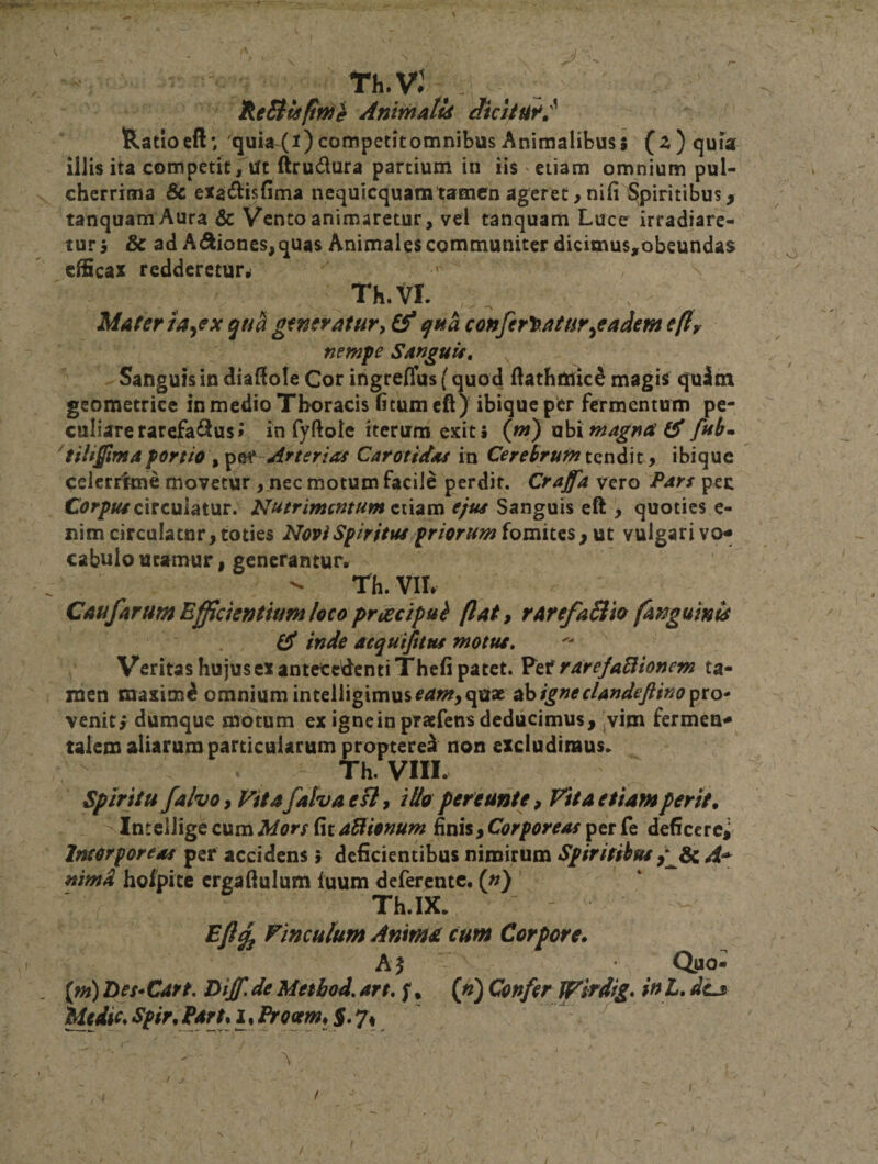 Th.v;: . Animatu dicUtit*^^ iRatioeft;'quii^(i)competitomnibusAnimalibus; (^)qura iliis ita competit Ttlt lirudura partium in iis etiam omnium pul¬ cherrima &amp; exadisfima nequicquamtamen ageret, nifi i^piritibus, tanquamAura &amp; Vento animaretur, vel tanquam Luce irradiare¬ tur; &amp; ad Adiones,quas Animales communiter dicimusyobeundas efficax redderetur^ Th.VL Mater ia^ex generatur^ confer^atar^eadem efir nempe SanguU, Sanguis in diaUole Cor irigrelTus (quod fiathmic^ magis quitn geometrice in medio Thoracis (itum cft) ibiquc per fermentum pe¬ culiare rarcfa^us** in fyftole iterum exit; {m) uhi magna fatm 'tiliffimaportto\ Arterias Catotidas in Cerebrum ^ ibiquc celerrime movetur ,.nec motum facile perdit. Crajfa vero Pars pec circulatur. etiam Sanguis eft , quoties c- nim circulatnr, toties Novi Spiritus priorum fomites, ut vulgari vo¬ cabulo utamur | generanturr Th. VIL Caufarum Efficientium loco pracipui (lat^ rarefaBio fanguinU inde aequijittts motus. Veritas hujus ex antecedenti Thefi patet. Pef rareJaBionem ta¬ men maximi omnium intelligimus^rf«f,qttac othigneclandeftino^xo* venit; dumque motum ex ignein praefens deducimus^ jvim fermen- talem aliarum particularum proptere^ non excludimus. Th. VIll. Spiritu falvo, Fit afalva esi, tUo pereunti, Fit a etiam perit. Intellige cum Mors fit aBionum finis, Corporeas per fe deficere; Incorporea per accidens ; deficientibus nimirum SpiritibusA* nimd hoipite crgaftulum luum deferente, («) ' Th.IX. - Vinculum Anima cum Corpore. A 5 Quo- {m) I&gt;es*Cart, Dijf. de Metbod, art, f, (n) Confer ^irdig* inL, dea Medic,Spir.Earj^i.FrQ(xm.S*^^^ A /