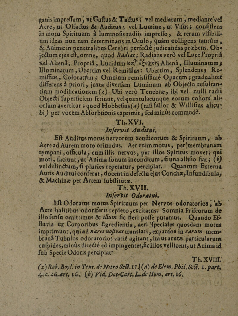 ganlsimprcflum^ tJtGuflus&amp;Ta(-lu5i tel mediatum &gt;mediantevel Aere&gt; uc OlFadus &amp;c Auditus h vel Lumine &gt; ut Vifus; concidens iriniotu Spirituum ^ luminofis radiis imprefTo, &amp; rerum vifibiii- um ideas non tam determinans in Ocul6| quam colligens tanedm, &amp; Animae in penetralibus Cefebri perfede judicandas praebens. Ob^ je(dum ejused, omnC| quod kadiaty Radians ver6 vel Lupe Proprii l^l-Aliena v Proprii, Lucidum ^«7*Aliena, liiuminatumi Illuminatum,Ubertimvel Remiffius: Ubertim, Splendens» Rc- millius , Gplorat^fim i Omnium remisfiffime Opacum igradualitec differens I priori, juxta diverfam Luminum ab Objedo refultan^ tium modificationem (^) Ubi vero Tenebrae» ibi vel nulli radii Objedi fupcrficiem feriunt, velquantulacunquc eorum cohors* ali» orfum avertitur 5 quod Hobbefius(&lt;&lt;)(nifi fallor 6c Willifius ali^U, bi) per vocem Abforbtionis exprimit, ledmin^s commode. Th.xyi. ^Jnjervit Auditui, Eft Auditus motus tiervofum acufticorum &amp; Spirituum, ab Aere ad Aurem moto oriundus. Aer enim motus, per Jmembranam tympani jofficula, cumillis nervos, per illos Spiritus movet*, ^ui moti, faciunt,utAnin[ia fonum inconditum»(i una allifio fiat j ib) veldiftindum,fi pluries r^etatur, percipiat. Quantum EKterna Auris Auditui conferat, docentindefedu ejusConchse&gt;lnfundibula^ Machinae per Artem fubditutae. Th.XVIL / Inferlifit 0 der di ai» Ed Odoratus motus Spirituum per Nervos odoratorios^ ab Aere halitibus odoriferis repleto,excitatus. SomniaPrifeorum de illofehfu omittimus &amp; illum fic fieri polTe putamus* Quando Ef¬ fluvia Cx Corporibus Egredientia , aeri Tpeciales quosdam motut imprimunt,qui ad UAres uofir^f translat i, expanfoS in earum mem* branlTubulos odoratorios varie agitant, ita ut acutae particularum cufpides,miniis direde th impingentes,fic iiios vellicent, ut Anima id fub Specie Odoris percipiat* Th.xvirL (z) Roi, BoyV.in Teni.de Nitro}^{d) dcElem. PhiLSeU, l,p4r(% 4. e,'2,6,drtt 16, (^) IKid* D^SfCart, l^de Uom, ari, 16^ \ N X