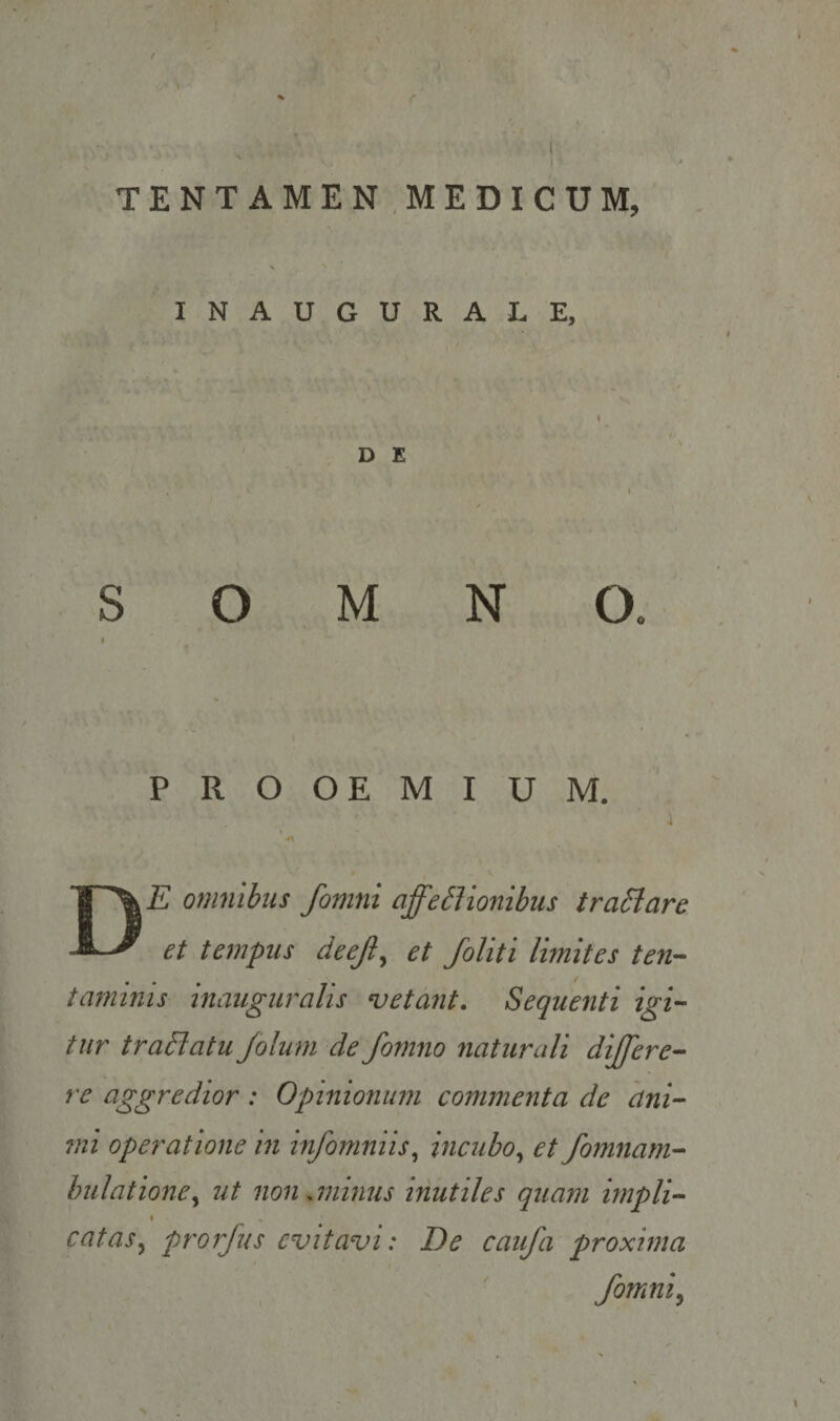 / ' r ■ I I TENTAMEN,MEDICUM, INAUGURALE, t D E I SOMNO, PROOEMIUM. i t De omnibus fomni affetVionibus traSlare et templis deejiy et foliti limites ten-^ taminis inauguralis vetant. Sequenti igi^ tur tradlatu Joluni de fomno naturali dijfere- re aggredior: Opinionum commenta de ani¬ mi operatione in infomniis^ incubo.^ et fomnam- hulatione^ ut non.minus inutiles quam impii- I catas^ prorfus evitavi: De caufa proxima f fomniy s