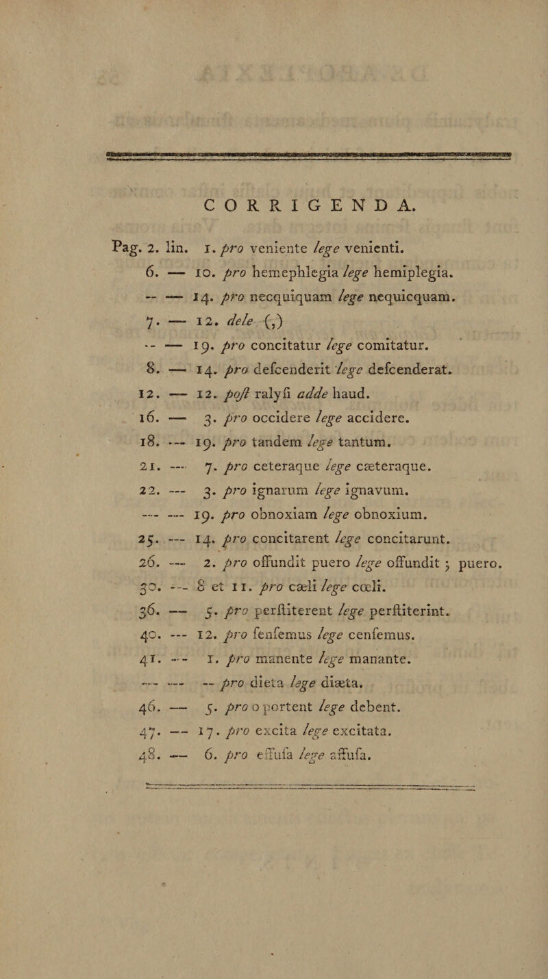 CORRIGENDA. Pag. 2. lin. i. pro veniente lege venienti. 6. — io. pro hemephlegia lege hemiplegia. — — 14. pro necqulquam lege nequicquam. 7. — 12. dele (,) -- — 19. pro concitatur lege comitatur. 8. — 14. pro defcenderit 'lege defcenderat. 12. — 12. pojl ralyli adde haud. 16. — 3. pro occidere lege accidere. 18. 19. pro tandem lege tantum. 21. 7. pro ceteraque lege caeteraque. &gt; . 22. — 3. pro ignarum lege ignavum. —- — 19. pro obnoxiam lege obnoxium. 25. — 14. pro concitarent lege concitarunt. 26. — 2. pro offundit puero lege offundit puero. 30. 8 et 11. pro caeli lege coeli. 36. — 5. pro perftiterent lege perftiterint. 40. — 12. pro fenfemus lege cenfemus. 41. --- 1. pro manente /tp? manante. --- — pro dieta lege diaeta. 46. — 5. pro o portent lege debent. 47. — 17. pro excita lege excitata. 48. — 6. pro effufa lege affufa.