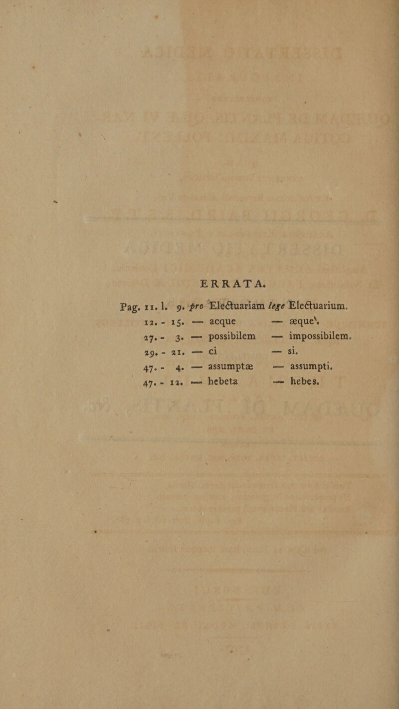 ERRATA. Pag. xi. 1. 12. - 2y. - 29. - 47« - 47. - . pro Ele&amp;uariam lege Ele&amp;uarium, 15. — aeque 3. — possibilem 21. •— ci 4. — assumptae 12. —. hebeta — aeque', impossibilem, — si. — assumpti. — hebes.