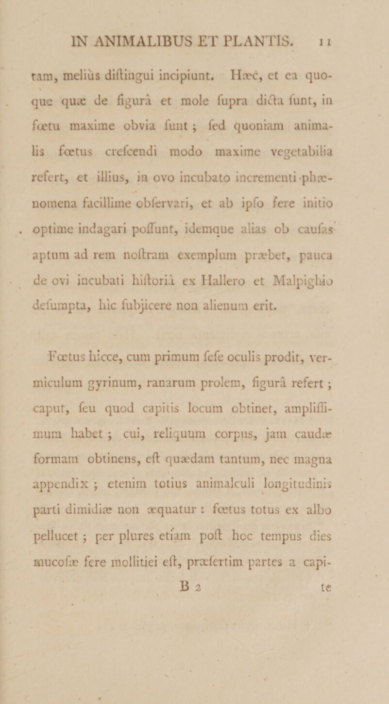 tam, melius diftingui Incipiunt. Ha?c, ct ea quo- « que quic de figura et mole fupra diefa funt, iii fuctu maxime obvia funt ; fed quoniam anima- lis foetus crefcendl modo maxime vegetabilia refert, et illius, in ovo incubato incrementi‘phee- uomena facillime obfervari, et ab ipfo fere initio optime indagari poflunt, idtmque alias ob caufas’ aptum ad rem noflrain exemplum prxbet, pauca de ovi incubati hillorii ex Ilallero et Malpighio delurapta, hic fubjicere non alienum erit. Foetus hicce, cum primum fefe oculis prodit, ver¬ miculum gyrinum, ranarum prolem, figura refert ; caput, feu quod capitis locum obtinet, amplifli- mum lubet ; cui, reliquum corpus, jam caudie formam obtinens, efl: quaedam tantum, nec magna appendix ; etenim totius animalculi longitudinis parti dimidia; non xquatur : foetus totus ex albo pellucet ; per plures etiam poft hoc tempus dies mucofae fere mollitiei efl, prcefertim partes a capi- B 2 le