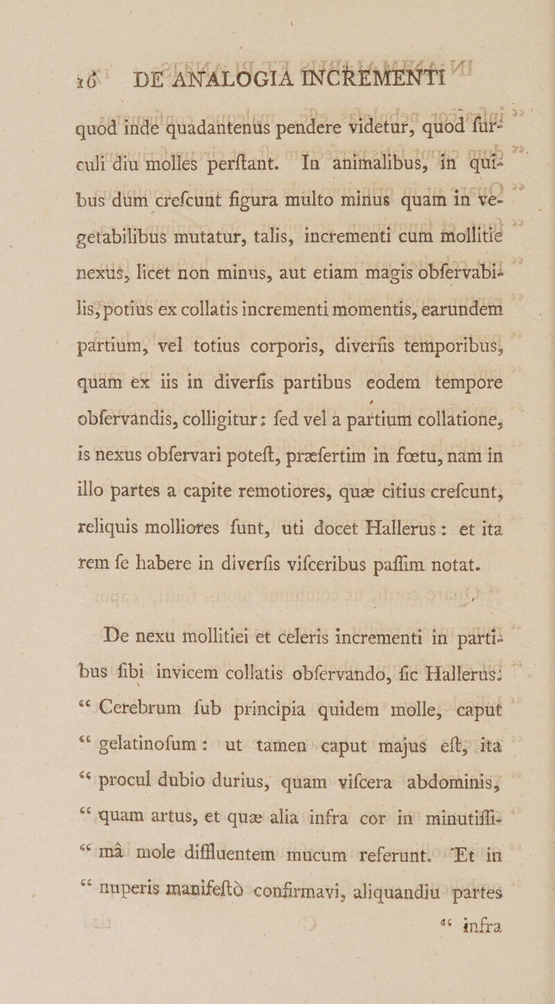 - V quod inde quadantenus pendere videtur, quod fiir- culi diu molles perflant. In animalibus, in qui- \ bus dum crefcunt figura multo mirius quam in ve¬ getabilibus mutatur, talis, incrementi cum inollitie nexuS, licet non minus, aut etiam magis obfervabi- lis, potius ex collatis incrementi momentis, earundem partium, vel totius corporis, diverns temporibus, quam ex iis in diverfis partibus eodem tempore obfervandis, colligitur: fed vel a partium collatione, is nexus obfervari potefl, praefertim In foetu, nam in illo partes a capite remotiores, quae citius crefcunt, reliquis molliores funt, uti docet Hallerus: et ita rem fe habere in diverfis vifceribus pafTim notat. De nexu mollitiei et celeris incrementi in parti¬ bus fibi Invicem collatis obfervando, fic Hallerus; Cerebrum fub principia quidem molle, caput gelatinofum: ut tamen caput majus efl, ita procul dubio durius, quam vifcera abdominis, quam artus, et quse alia infra cor in rainutifii- ma mole diffluentem mucum referunt. *Et in nuperis manifeflo confirmavi, aliquandiu partes infra