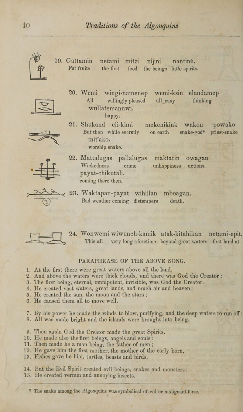 19. Gattamin Fat fruits netami mitzi the first food nijini nantine. the beings little spirits. 20. Wemi wingi-namenep wemi-ksin elandamep All willingly pleased alleasy thinking wullatemanuwi. happy. 21. Shukand eli-kimi mekenikink wakon powako But then while secretly on earth snake-god* priest-snake init’ako. worship snake. 22. Mattalugas pallalugas maktatin owagan Wickedness crime unhappiness actions, payat-chikutali. coming there then. 23. Waktapan-payat Bad weather coming wihillan distempers mboagan. death. 24. Wonwemi wiwunch-kamik This all very long aforetime atak-kitahikan netami-epit. beyond great waters first land at. PARAPHRASE OF THE ABOVE SONG. 1. At the first there were great waters above all the land, 2. And above the waters were thick clouds, and there was God the Creator : 3. The first being, eternal, omnipotent, invisible, was God the Creator. 4. He created vast waters, great lands, and much air and heaven; 5. He created the sun, the moon and the stars ; 6. He caused them all to move well. 7. By his power he made the winds to blow, purifying, and the deep waters to run off: 8. All was made bright and the islands were brought into being. 9. Then again God the Creator made the great Spirits, 10. He made also the first beings, angels and souls: 11. Then made he a man being, the father of men ; 12. He gave him the first mother, the mother of the early born, 13. Fishes gave he him, turtles, beasts and birds. 14. But the Evil Spirit created evil beings, snakes and monsters : 15. He created vermin and annoying insects. * The snake among the Algonquins was symbolical of evil or malignant force.
