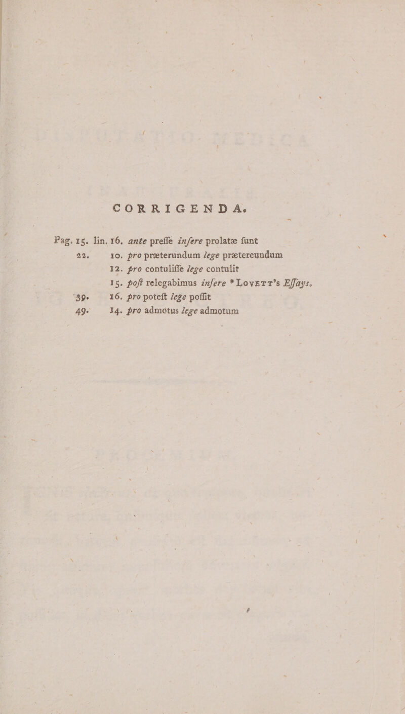 CORRIGENDA^ Pag. 15. Hn. 16. ante prefle infere prolatae funt 22. IO. fro praeterundum lege praetereundum 12. pro contuliffe lege contulit 15. poft relegabimus infere *Lovett’s Ejfays,, '3p. 16. pro potefl lege poflit 49' 14»/rc? admotusadmotum
