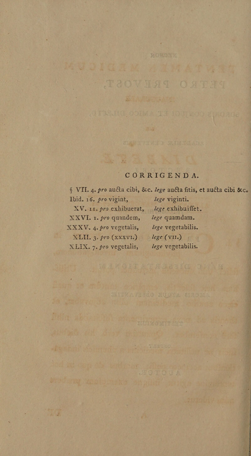 CORRIGENDA. § VII. 4. pro au61 a cibi, &amp;c. lege au6ta litis, et au6ta cibi Ibid. 16. pro vigint, lege viginti. XV. ii. pro exhibuerat, lege exhibuiffet. XXVI. 1 .pro quandem, lege quamdam. XXXV. 1pro vegetalis, lege vegetabilis. XLII. 3. pro (xxxvi.) lege (vn.) XLIX. 7.pro vegetalis, lege vegetabilis.