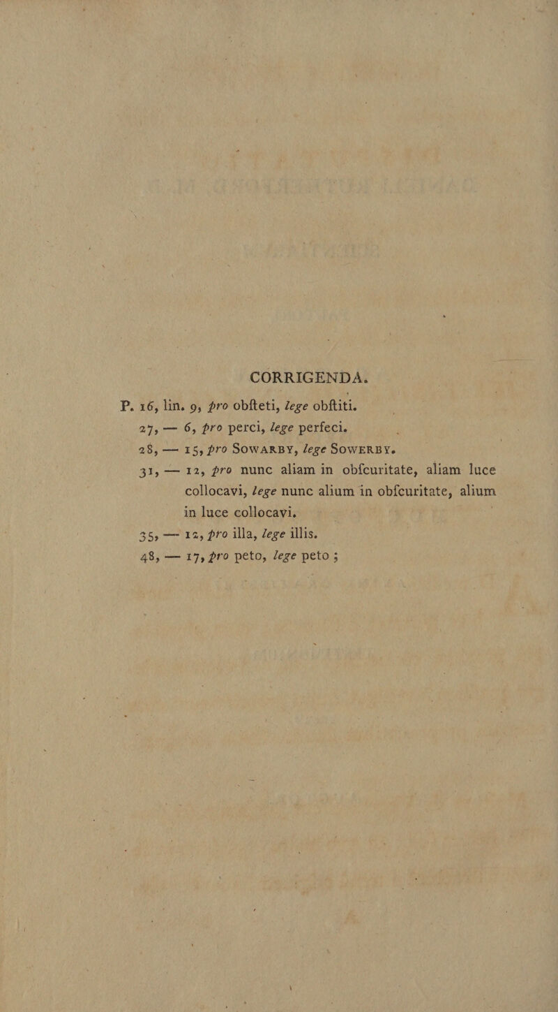 1 P. i5, lin. 9, pro obfteti, lege obfliti. 27, — 6, pro perci, lege perfeci. 28, — Sowarby, lege Sowerby. 31, — 12, pro nunc aliam in obfcuritate, aliam luce collocavi, lege nunc alium in obfcuritate, alium in luce collocavi. 35, — 12, pro illa, lege illis. 48, — Ili pro peto, lege peto ;