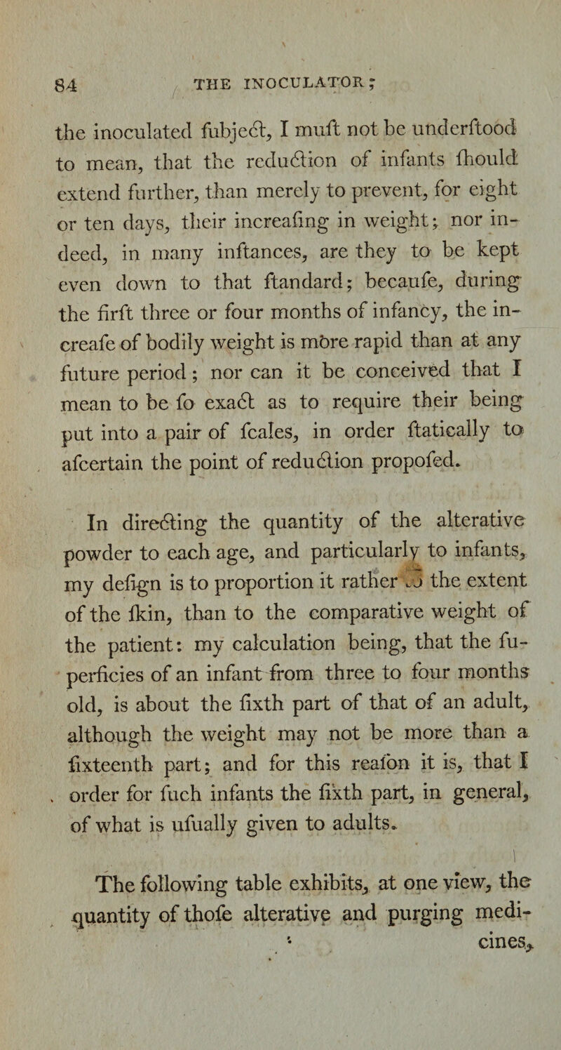 the inoculated fubjedt, I muft not be underftood to mean, that the reduction of infants fhould extend further, than merely to prevent, for eight or ten days, their increafmg in weight; nor in¬ deed, in many inftances, are they to be kept even down to that ftandard; becaufe, during the firft three or four months of infancy, the in- creafe of bodily weight is mbre rapid than at any future period; nor can it be conceived that I mean to be fo exadt as to require their being put into a pair of fcales, in order ftatically to afcertain the point of reduction propofed. In diredting the quantity of the alterative powder to each age, and particularly to infants, my defign is to proportion it rather .j the extent of the ikin, than to the comparative weight of the patient: my calculation being, that the fu- perficies of an infant from three to four months old, is about the iixth part of that of an adult, although the weight may not be more than a fixteenth part; and for this reaion it is, that I . order for fuch infants the iixth part, in general, of what is ufually given to adults* The following table exhibits, at one view, the quantity of thofe alterative and purging medi¬ cines,.