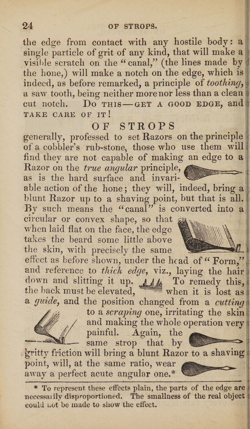 the edge from contact with any hostile body: a single particle of grit of any kind, that will make a ■ visible scratch on the “canal,’7 (the lines made by f the hone,) will make a notch on the edge, which is indeed, as before remarked, a principle of toothing, ; a saw tooth, being neither more nor less than a clean $ cut notch. Do this—-get a good edge, and:; TAKE CARE OF IT ! OF STROPS generally, professed to set Razors on the principle of a cobbler’s rub-stone, those who use them will find they are not capable of making an edge to a Razor on the true angular principle, as is the hard surface and invari¬ able action of the hone; they will, indeed, bring a blunt Razor up to a shaving point, but that is all. By such means the “canal” is converted into a circular or convex shape, so that when laid flat on the face, the edge takes the beard some little above the skin, with precisely the same effect as before shown, under the head of “ Form,” and reference to thick edge, viz., laying the hair down and slitting it up. To remedy this, the back must be elevated, when it is lost as a guide, and the position changed from a cutting to a scraping one, irritating the skin and making the whole operation very '''/ painful. Again, the that by strop - same _r _ _ gritty friction will bring a blunt Razor to a shaving point, will, at the same ratio, wear away a perfect acute angular one.* * To represent these effects plain, the parts of the edge are necessaiilv disproportioned. The smallness of the real object could not be made to show the effect. * ■