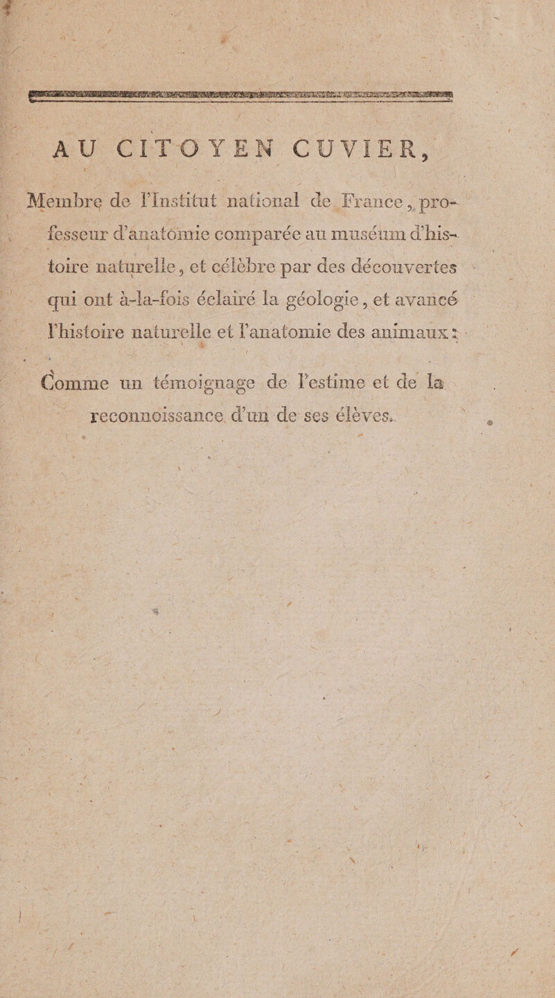 AU CITOYEN CUVIER, Membre de l’Institut national de. France , pro¬ fesseur d’anatomie comparée au muséum a his¬ toire naturelle, et célèbre par des découvertes qui ont à-la-fois éclairé la géologie, et avancé l’histoire naturelle et F anatomie des animaux : .lomme un témoignage de Festime et de la reconnoissance, d’un de ses élèves.