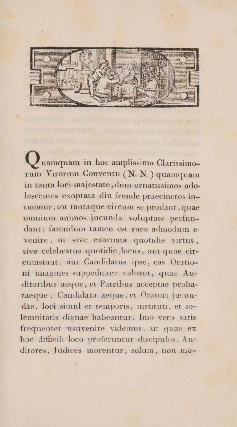 rum Virorum Convento (N. N.) quamquam in tanta loci majestate ,dum ornatissimos ado- lescentes exoptata diu fronde praecinctos in- tuemur,tot tantaque circurn se prodant,quae omnium animos jucunda voluptate perfun- dant; fatendum tarnen est raro admodum e- venire , ut sive exornata quotidie \irtus , sive celebratus quotidie docus, aut quae cir- cumstant, aut Candidatus ipse, eas Oratio- ni imagines suppeditare valeant, quae Au- ditoribus aeque, et Patribus aceeptae proba» tacque , Candidato aeque, et Oratori jucun- dae, loci simul et tempori®, instituti, et so- lemnitatis dignae habeantur. Imo vero satis frequenter usa venire videmus, ut quae ex hoc difficili loco proferuntur diseipuios, Au- ditores, Judices morentur, solum, non ino-