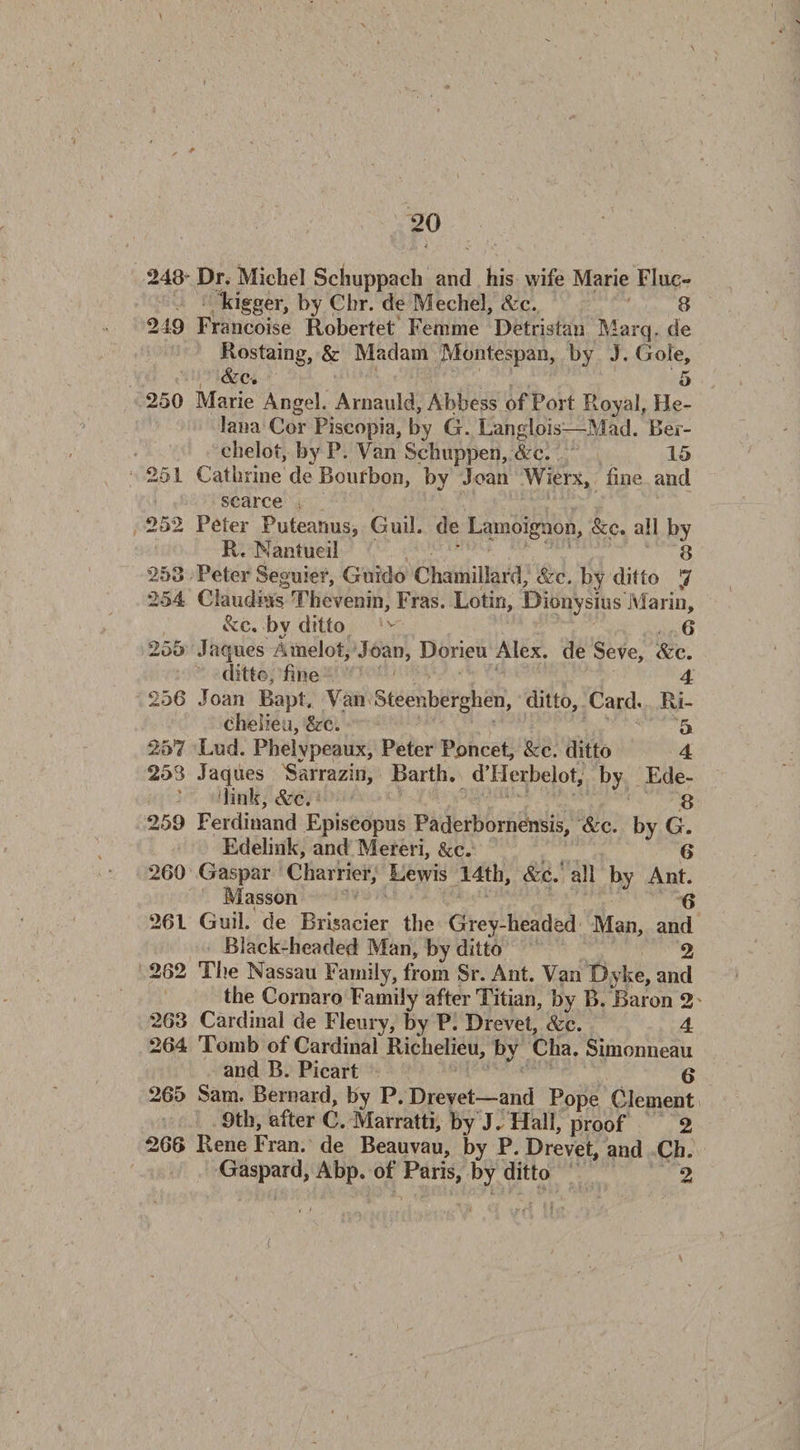 ✓ * 248 Dr. Michel Schuppach and his wife Marie FIuo Eigger, by Chr. de Mechel, &c. 8 249 Francoise Robertet Femme Detristan Marq. de Rostaing, & Madam Montespan, by J. Gole, &c. 5 250 Marie Angel. Arnauld, Abbess of Port Royal, He- lana Cor Piscopia, by G. Langlois—Mad. Ber- chelot, by P. Van Schuppen, Arc. 15 251 Cathrine de Bourbon, by Joan Wierx, fine, and scarce 252 Peter Puteanus, Guil. de LamoigHon, &c. all by R, Nantueil ' 8 253 Peter Seguier, Guido Chamillard, &c. by ditto J 254 Claudius Thevenin, Fras. Lotin, Dionysius Marin, Ac, bv ditto v 6 255 Jaques Amelot, Joan, Dorieu Alex, de Seve, &c. ditto, fine 4 256 Joan Bapt, Van Steenberghen, ditto, Card* Ri¬ chelieu, &c. 5 257 Lud. Phelvpeaux, Peter Pjoncet, &c. ditto 4 253 Jaques Sarrazin, Barth. dTIerbelot, by Ede- dink, &c. 8 259 Ferdinand Episcopus Paderbornensis, &c. by G. Edelink, and Mereri, &c. 6 260 Gaspar Charrier, Lewis 14th, &c. all by Ant. Masson 8 261 Guil. de Brisaeier the Grey-headed Man, and Black-headed Man, by ditto 2 282 The Nassau Family, from Sr. Ant. Van Dyke, and the Cornaro Family after Titian, by B. Baron 2 263 Cardinal de Fleury, by P. Drevet, &c. 4 264 Tomb of Cardinal Richelieu, by Cha. Simonneau and B. Picart g 265 Sam. Bernard, by P. Drevet—and Pope Clement 9tb, after C. Marratti, by jj Hall, proof 2 268 Rene Fran, de Beauvau, by P. Drevet, and Ch. Gaspard, Abp. of Paris, by ditto 2