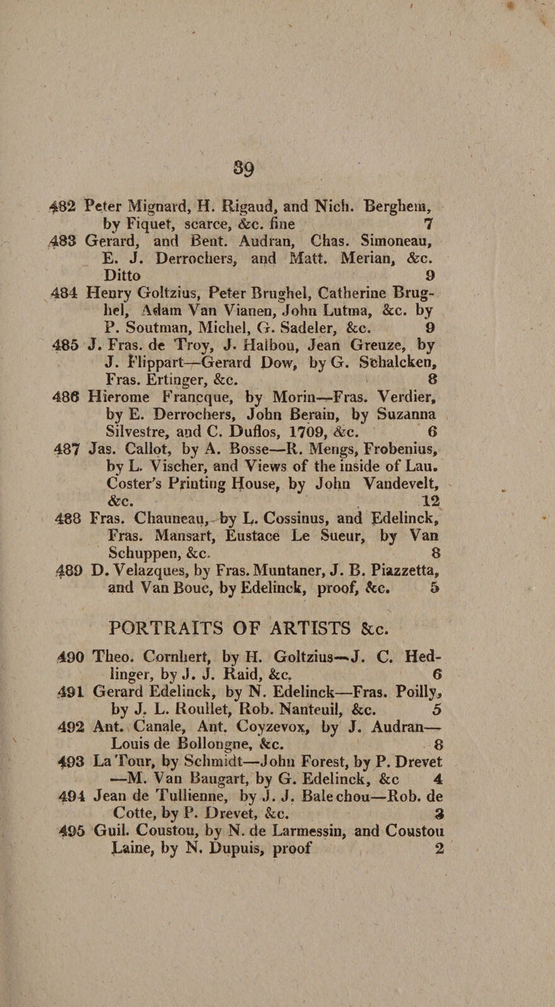 482 Peter Mignard, H. Rigaud, and Nich. Rerghera, by Fiquet, scarce, &amp;c. fine 7 483 Gerard, and Bent. Audran, Chas. Simoneau, E. J. Derrochers, and Matt. Merian, &amp;c. Ditto 9 484 Henry Goltzias, Peter Brughel, Catherine Brug- hel, Adam Van Vianen, John Lutma, &amp;c. by P. Soutman, Michel, G. Sadeler, &amp;c. 9 485 J. Fras. de Troy, J. Halbou, Jean Greuze, by J. Flippart—Gerard Dow, by G. S'chalcken, Fras. Ertinger, &amp;c. 8 486 Hierome Francque, by Morin—Fras. Verdier, by E. Derrochers, John Berain, by Suzanna Silvestre, and C. Duflos, 1709, &amp;c. 6 487 Jas. Callot, by A. Bosse—R. Mengs, Frobenius, by L. Vischer, and Views of the inside of Lau. Coster’s Printing House, by John Vandevelt, &amp;c. 12 488 Fras. Chauneau, by L. Cossinus, and Edelinck, Fras. Mansart, Eustace Le Sueur, by Van Schuppen, &amp;c, 8 489 D. Velazques, by Fras. Muntaner, J. B. Piazzetta, and Van Bouc, by Edelinck, proof, kc. 5 PORTRAITS OF ARTISTS &amp;c. 490 Theo. Cornhert, by H. Goltzius-^J. C. Hed- linger, by J. J. Raid, &amp;c. 6 491 Gerard Edelinck, by N. Edelinck—Fras. Poilly, by J. L. Roullet, Rob. Nanteuil, &amp;c. 5 492 Ant. Canale, Ant. Coyzevox, by J. Audran— Louis de Bollongne, kc. 8 493 La Tour, by Schmidt—John Forest, by P. Drevet —M. Van Baugart, by G. Edelinck, &amp;c 4 494 Jean de Tullienne, by J. J. Balechou—Rob. de Cotte, by P. Drevet, kc. 3 495 Guil. Coustou, by N. de Larmessin, and Coustou Laine, by N. Dupuis, proof 2 /