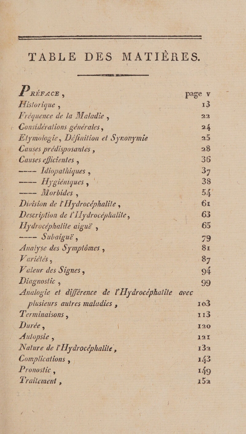 TABLE DES MATIÈRES. ' ' ( l y 1 ; ■ l Ml II 1 | » I lll III I PRÉFACE9 page v Historique 9 i3 Fréquence de la Maladie , 22 •Considérations générales, Etymologie, Définition et Synonymie 2 S Causes prédisposantes, 2 S Causes efficientes 9 36 —-— Idiopathiques , % -Hygiéniques , 38 --Morbides , 5| Division de F Hydrocéphaliie , 6l Description de FIlydrocépfialite ? 63 lîydrocèphalite aigue ? 65 -Subaiguë‘9 79 Analyse des Symptômes , 81 Variétés 5 87 Valeur des Signes , 94 Diagnostic , 99 Analogie et différence de FHydrocéphaliie açec plusieurs autres maladies , io3 Terminaisons 9 n3 Durée, i 120 Autopsie , 12Î Nature de F Hydrocéphaliie , i3s Complications , i43 Pronostic , 149 Traitement, z 5a